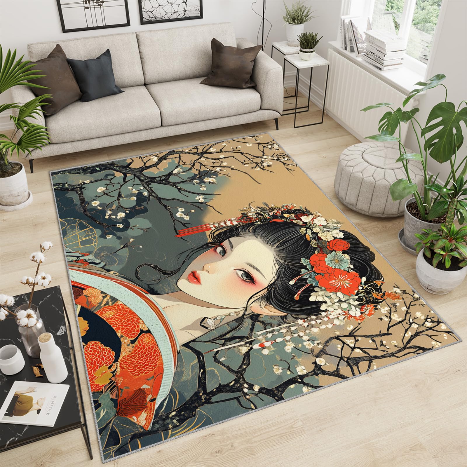 SANSJI Japanese Rugs for Living Room - Japanese Geisha Rug, Retro Florals Rugs for Living Room Bedroom, Washable Non Slip Soft Large Carpet, Traditional Girl Area Rugs & Home Decor 170x240 cm
