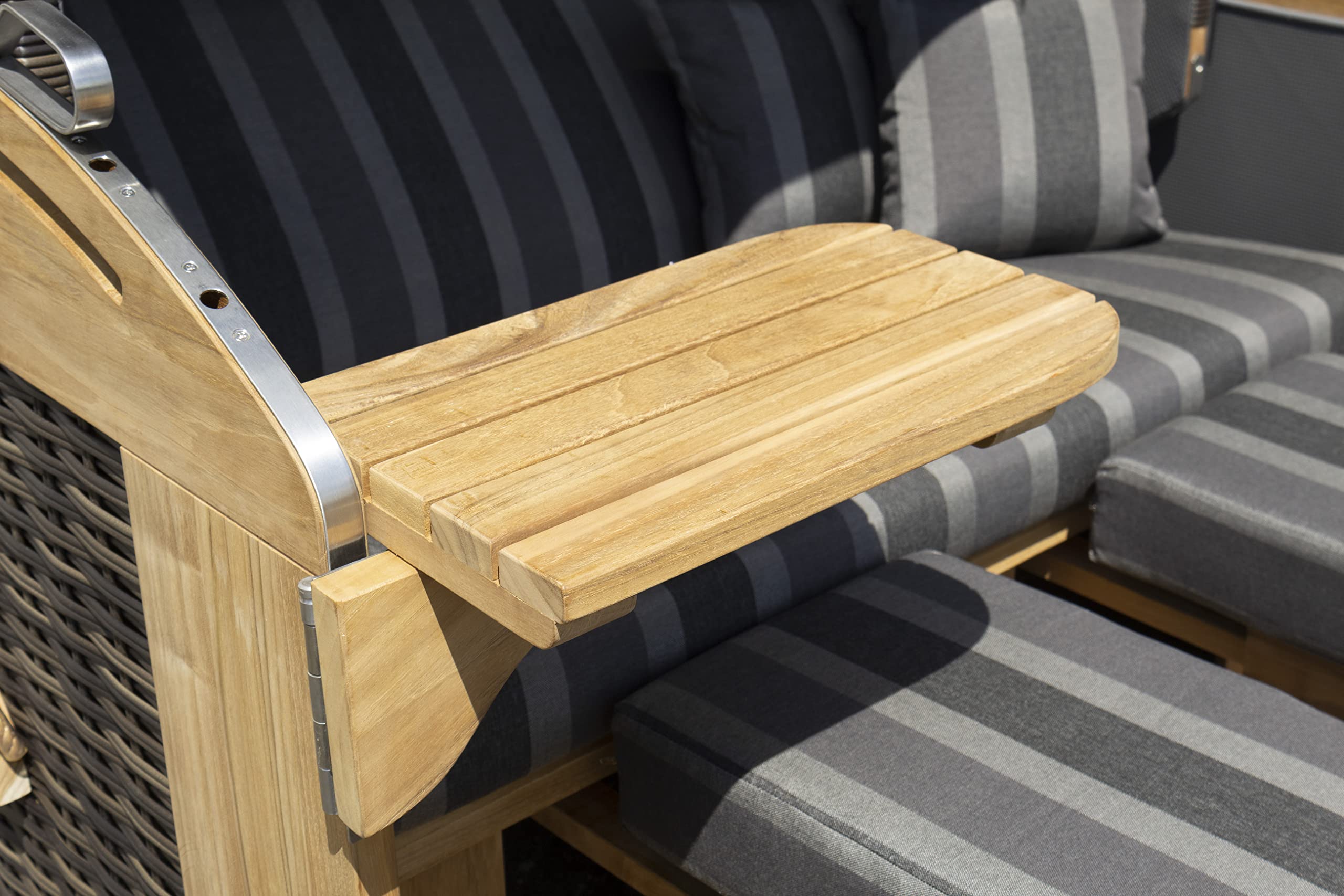 Strandkorb Teak XL 2-Sitzer aufgebaut mit Bullaugen Lifter Rollen Hülle Kissen Polster anthrazit-gestreift, 45293