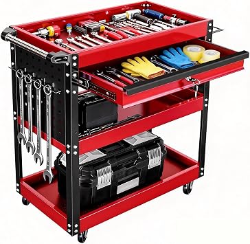 3-Tier Tool Cart with Wheels, 400 lbs Load Capacity,Rolling Tool Cart with Drawer & Pegboard, Mechanic Tool Storage Organizer with Locking System for Garage, Warehouse and Repair Shop, Black&Red