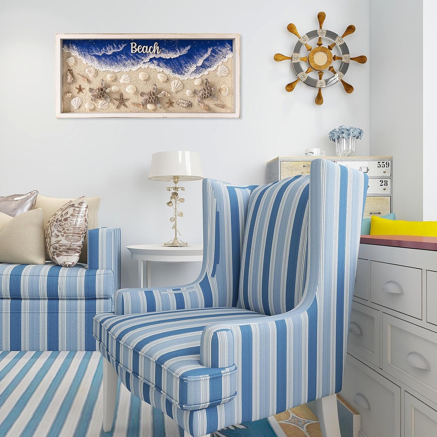 pechpell Beach Wall Decor with 3D Sea Turtle Seashell Starfish Conch Wave, 23.6×10.6 Inch Coastal Themed Room Wall Sculptures Art Wooden Framed, Ocean Beachy Living Room Bedroom Bathroom Home Artwork