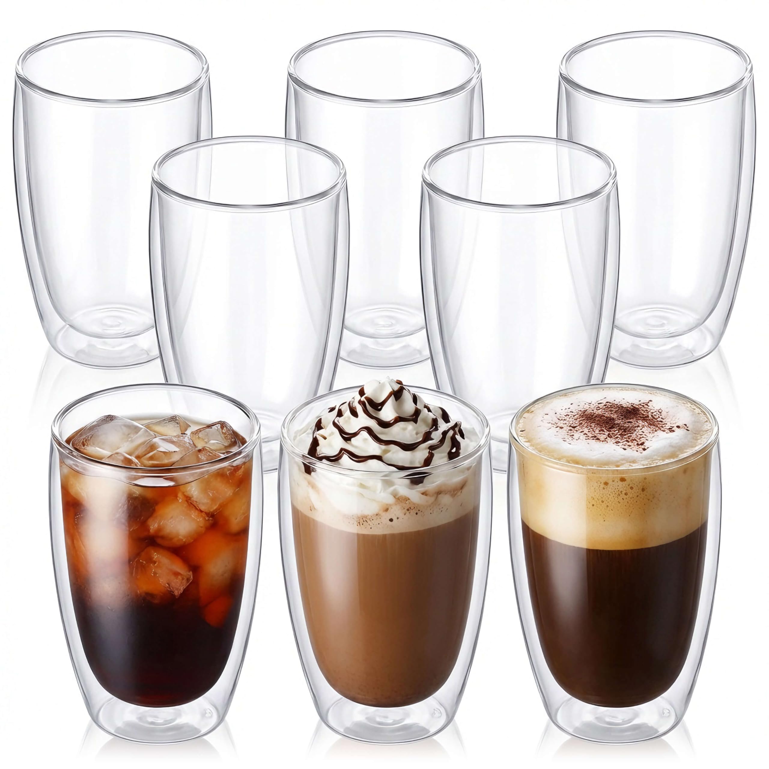 DOPUDO 17oz Double Wall Glass Coffee Mugs Set of 8, Insulated Coffee Mug, Clear Borosilicate Glass Coffee Cups for Cappuccino, Tea, Lightweight and Microwave Safe