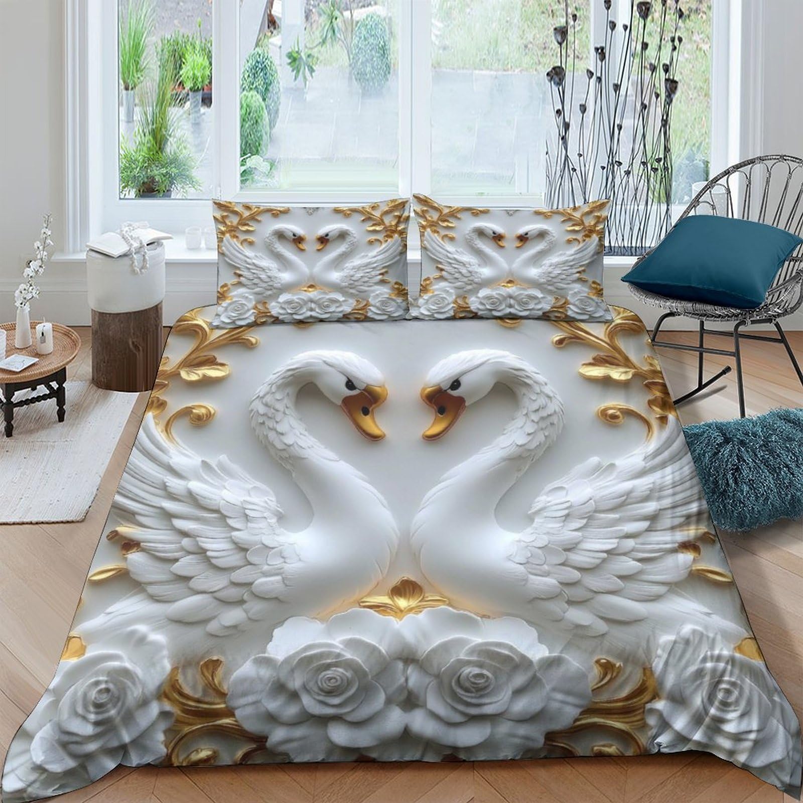 GPLZQXKJNH 3D Printed White Swan Duvet Cover Set Microfiber Soft Breathable Golden Floral Quilt Cover with 2 Pillowcases for Bedroom Apartment Single（135x200cm）