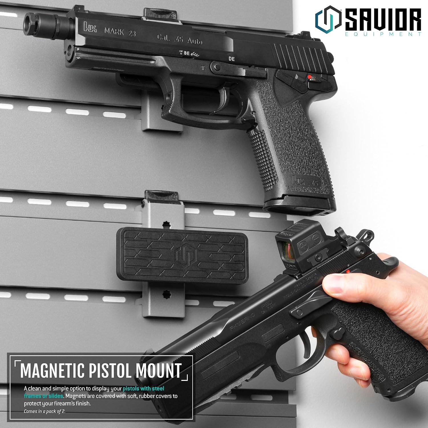 Savior Equipment Wall Rack System Pistol Magnet Mount Revolver Handgun Holder, Height & Angle Adjustable, 2-Pack