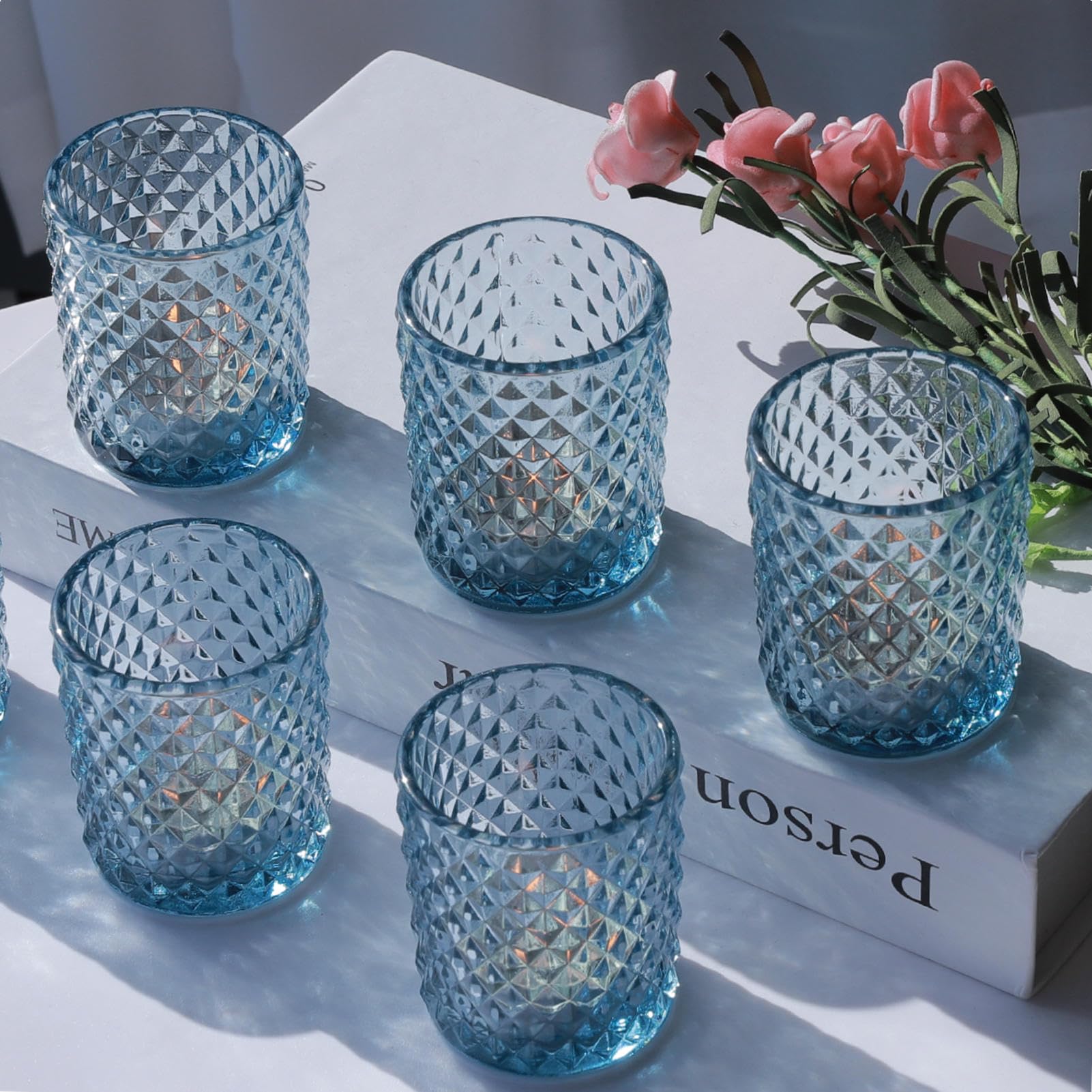 12 bicchieri da tè in vetro blu per matrimoni, decorazione da tavolo, portacandele in vetro per festa di compleanno, per decorazione della casa