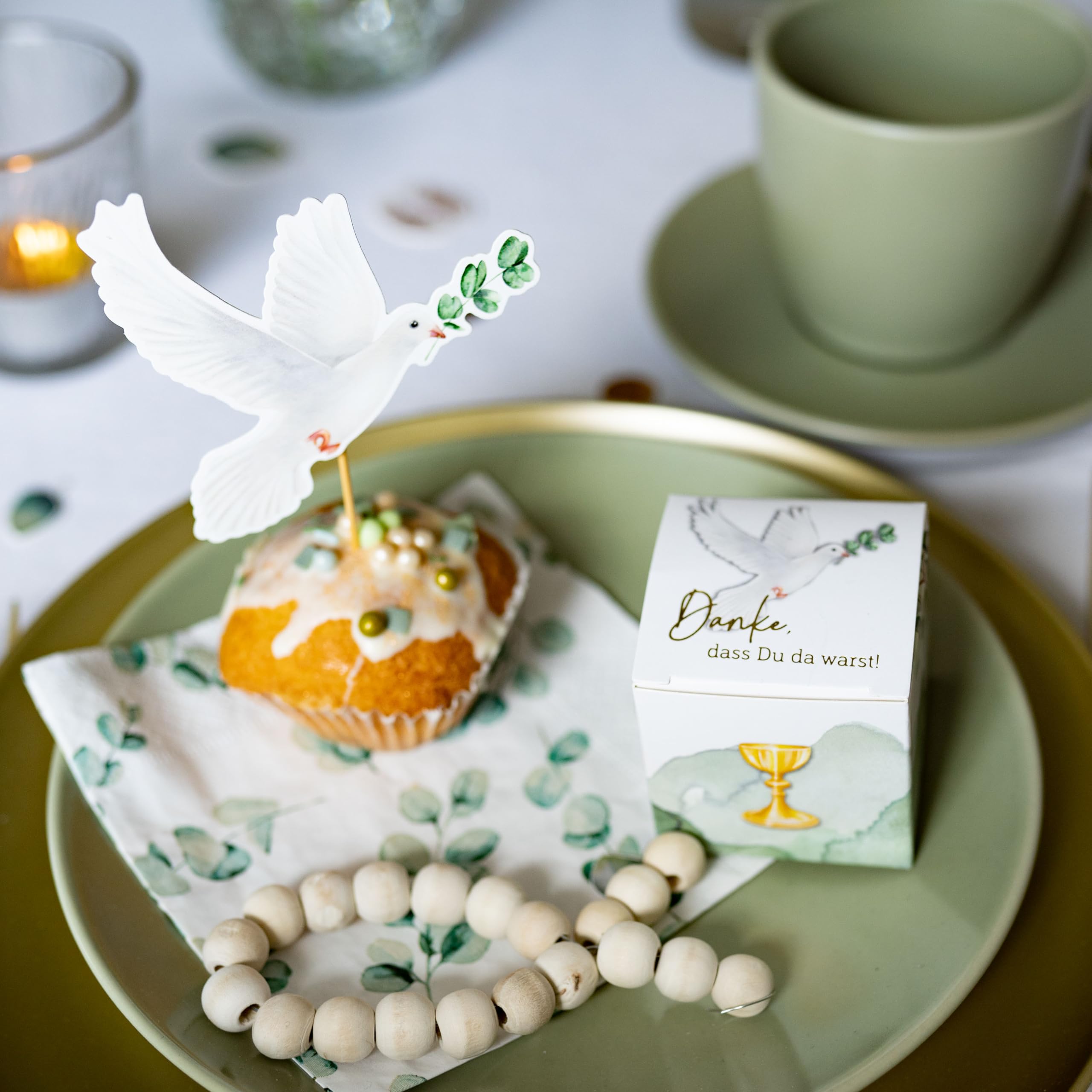 Papierdrachen Decorazione Per Torta 19 Pezzi Verde - Per Battesimo, Comunione, Cresima - Con Ghirlanda E Topper Per Muffin - Stampa Fronte/Retro