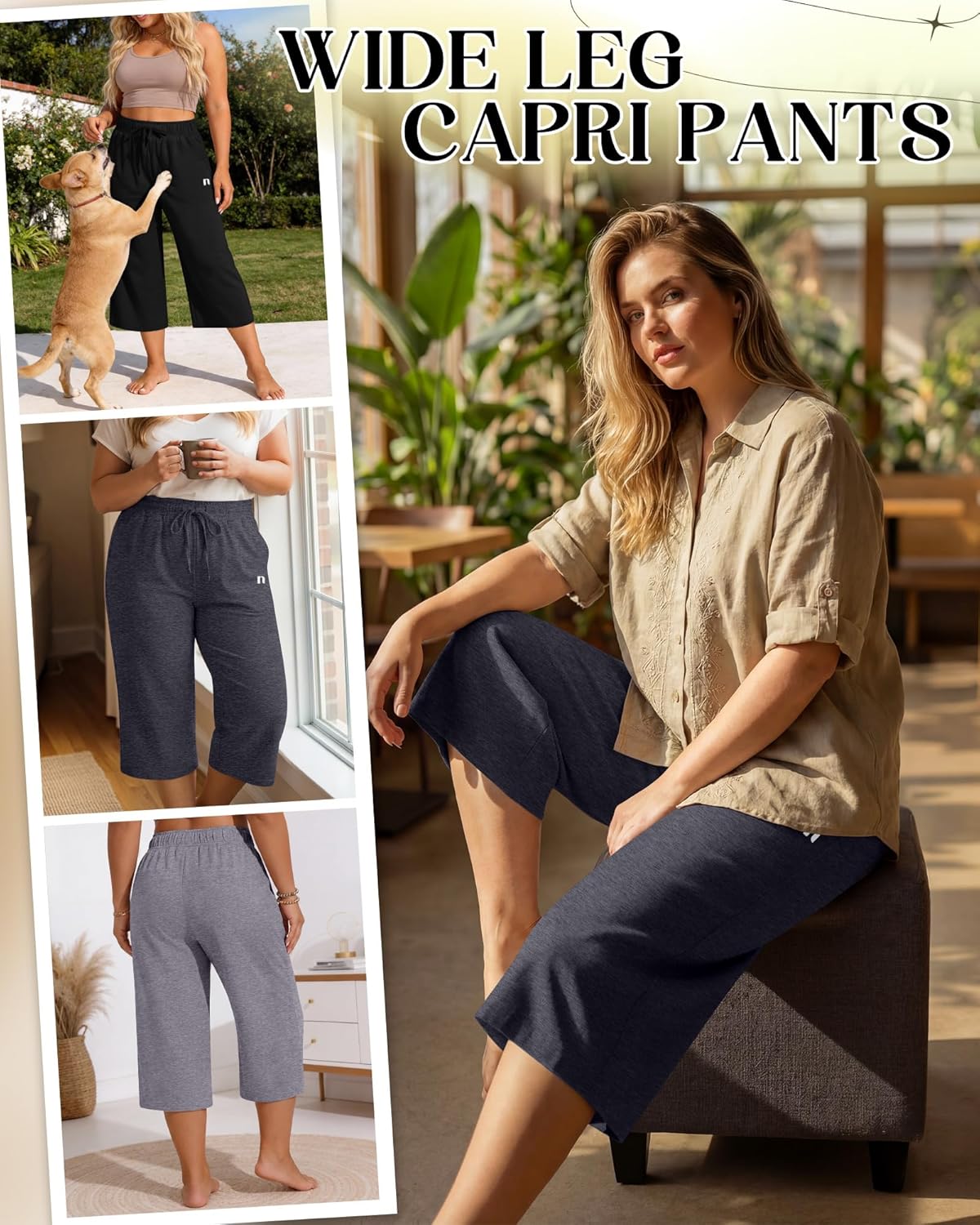 Neer 3 Pack Women's Plus Size Capris,Wide Leg Loose Pants Casual Drawstring Capri Sweatpants Drawstring Pants with Pockets - Image 3