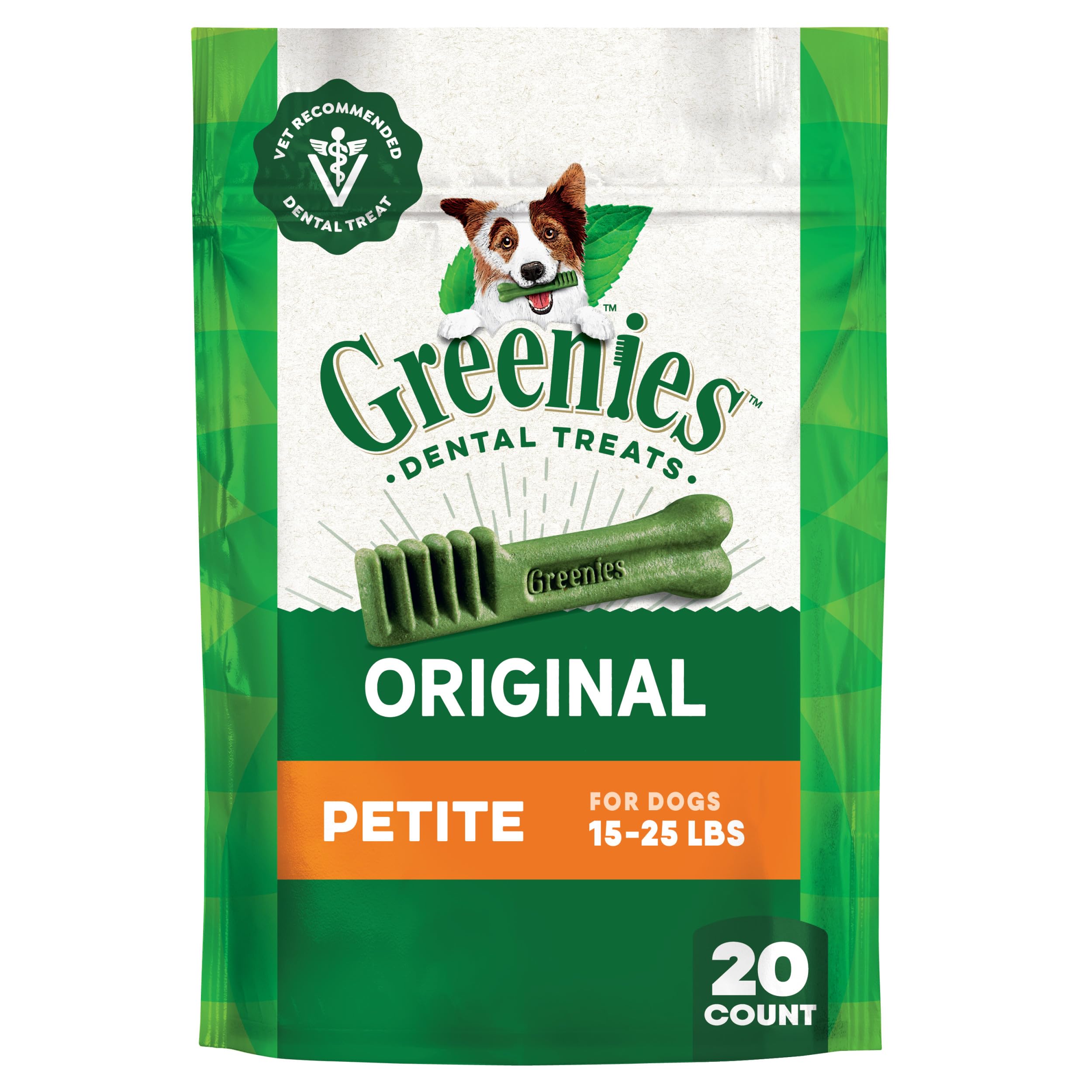 Greenies Veterinarian-Recommended Adult Natural Dental Dog Treats Petite Size, Dog Dental Chews, Original Flavor, 12 oz. Pack, 20 Count