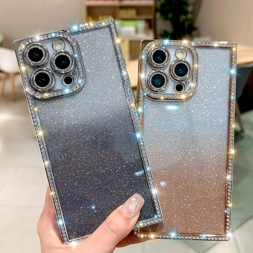 Cute Compatible with iPhone 14 Pro Max Case Rectangle Edge for Women,Luxury Glitter Case with Bling Rhinestones Sparkle Slim Camera Protective 14 Pro Max Case - 6.7 inch (Gold) image 3