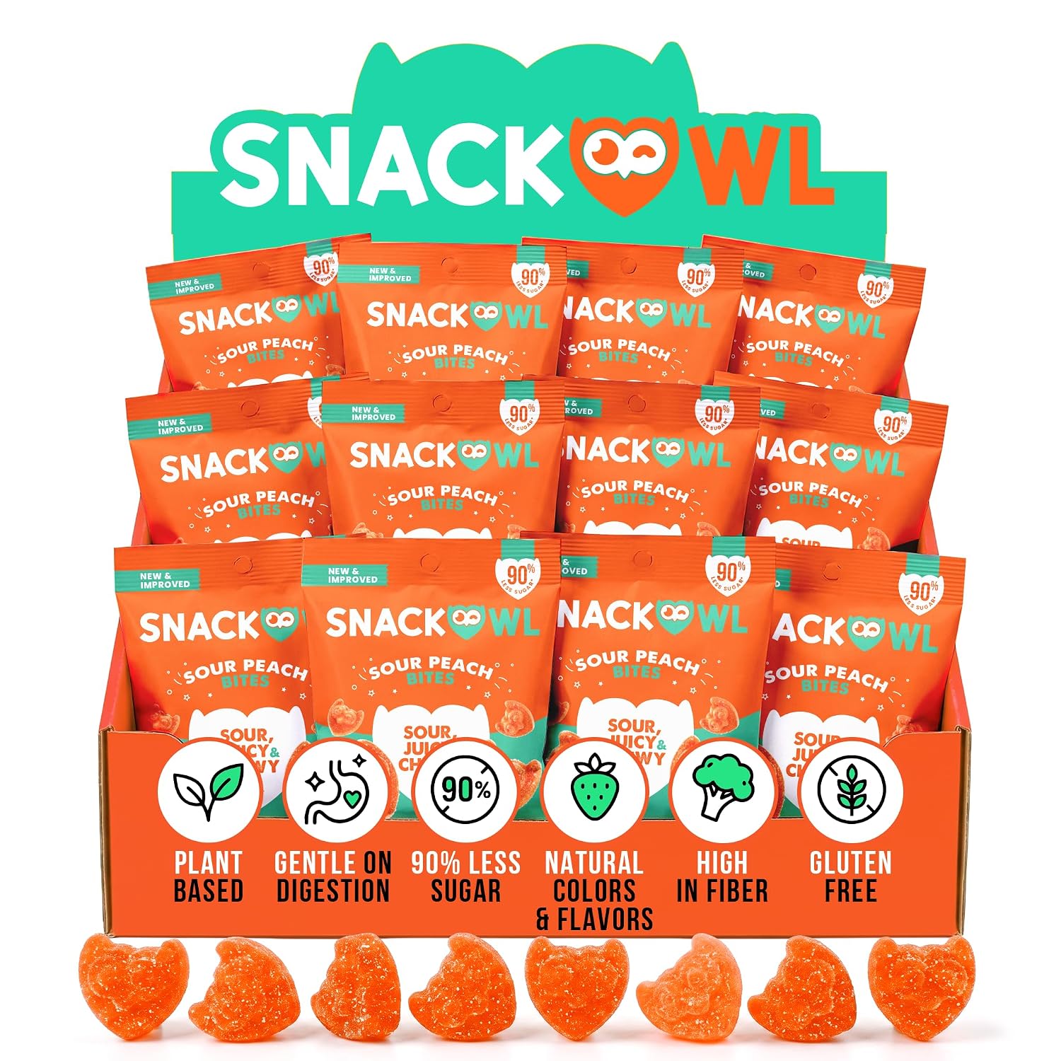 Snack Owl Vegan Sour Gummy Candy – Gluten Free, Low-Calorie Candy - Guilt Free & Delicious Healthy Gummy Snacks Extra Chewy - (Peach Bites)