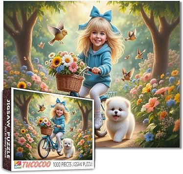 Tucocoo 1000 Piece Jigsaw Puzzle for Adults, Cute Girl on Bicycle with Puppy and Flowers Whimsical Fantasy Puzzle for Adults, Scenic and Relaxing Art Puzzle for Stress Relief, Wall Decor DIY Gifts