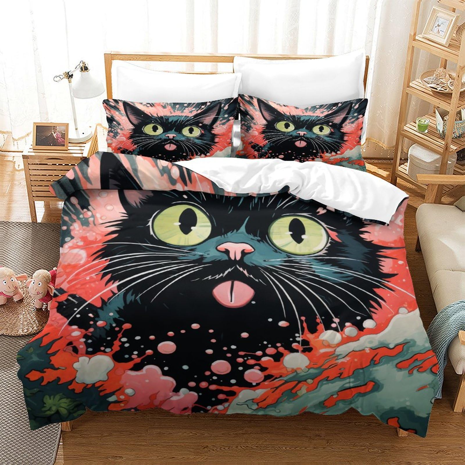 Housses de couettes chat 3D microfibre 140x200cm literie single respirante 3 pièces
