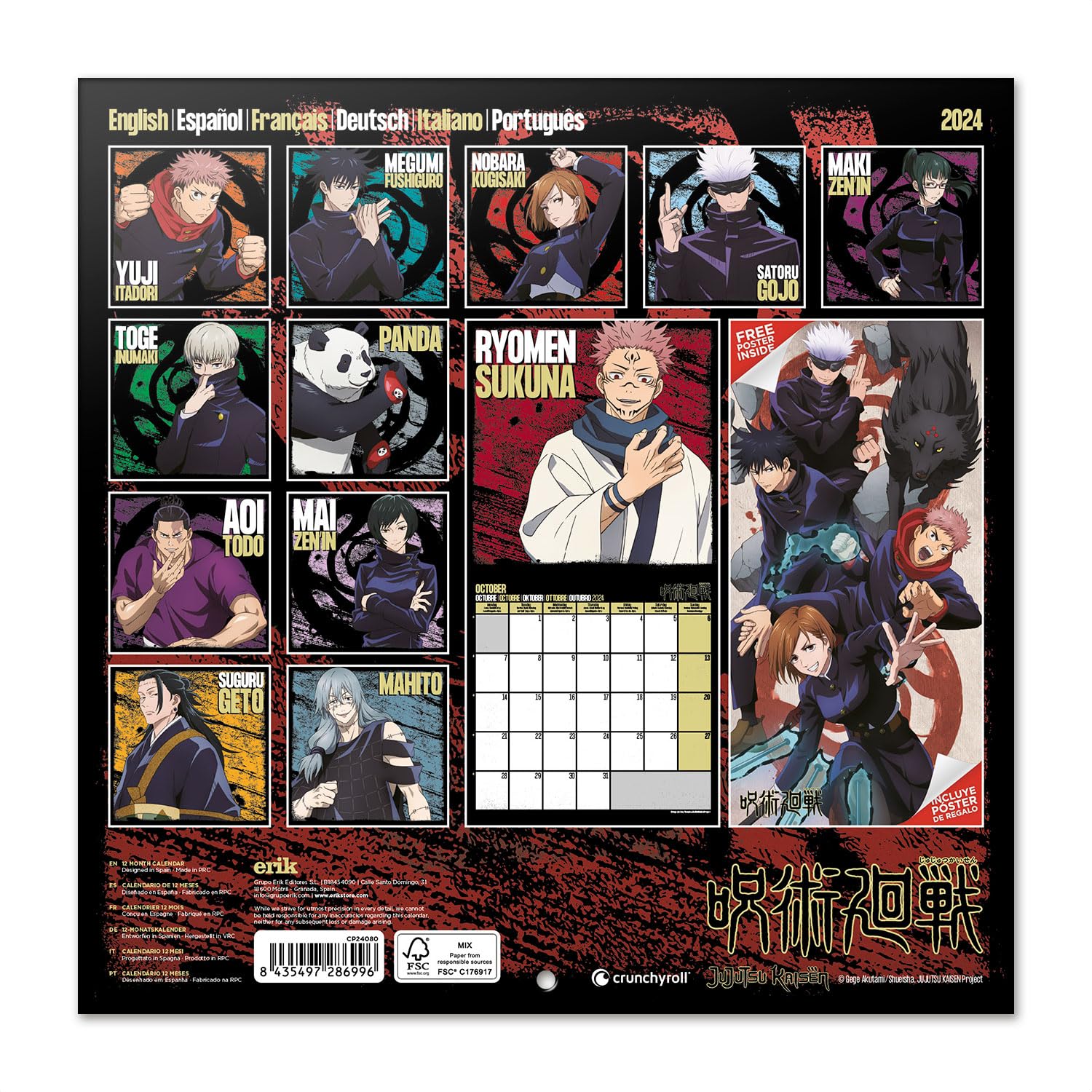 Grupo Erik - Calendrier Mural 2024 Jujutsu Kaisen | Calendrier Mensuel 30 X 60 Cm, Certifié FSC, En Français
