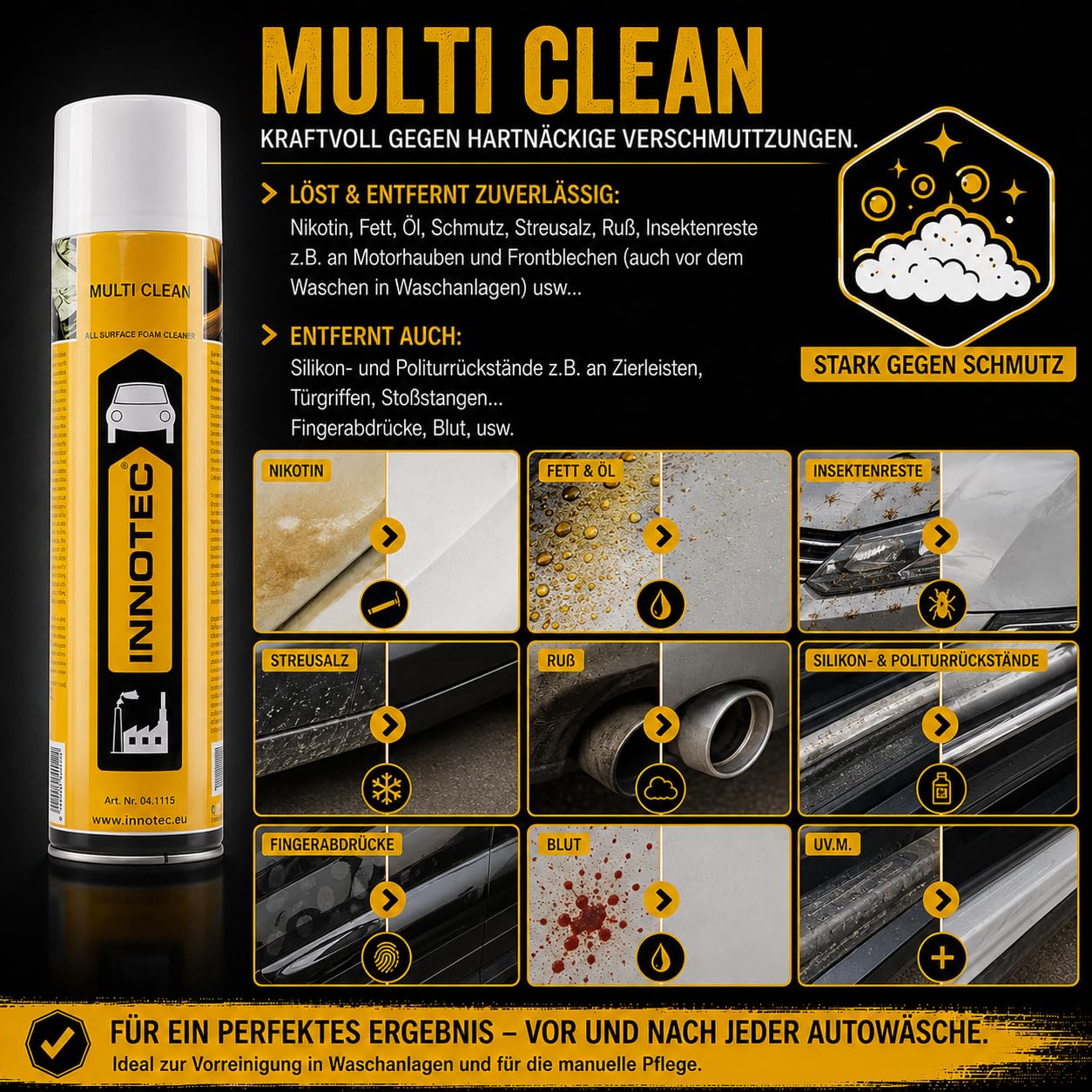 2 Stück Innotec Multi Clean - Universal Schaumreiniger 600 ml Lederreinigung Polsterreinigung Autositzreinigung Innenraumpflege - Aktivschaum für nahezu allen Flächen - Reinigt schnell, effizient