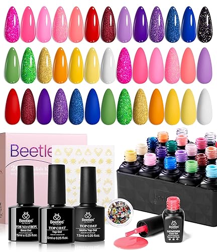 Beetles - Juego de esmaltes de uñas de gel, 20 colores, rosa, blanco, negro, amarillo, rojo, kit de esmalte de gel con purpurina con calcomanías