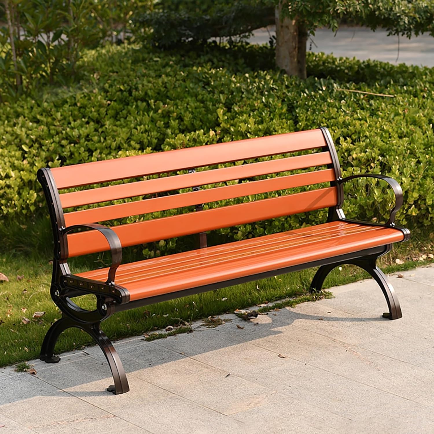 Outdoor garden benches Metal garden bench 2-3 Person Seat Loveseat Chairs Patio Bench Chair with Backrest 120/150/180cm Solid wood slatted seat and galvanized frame 300kg Weight Capacity(Orange