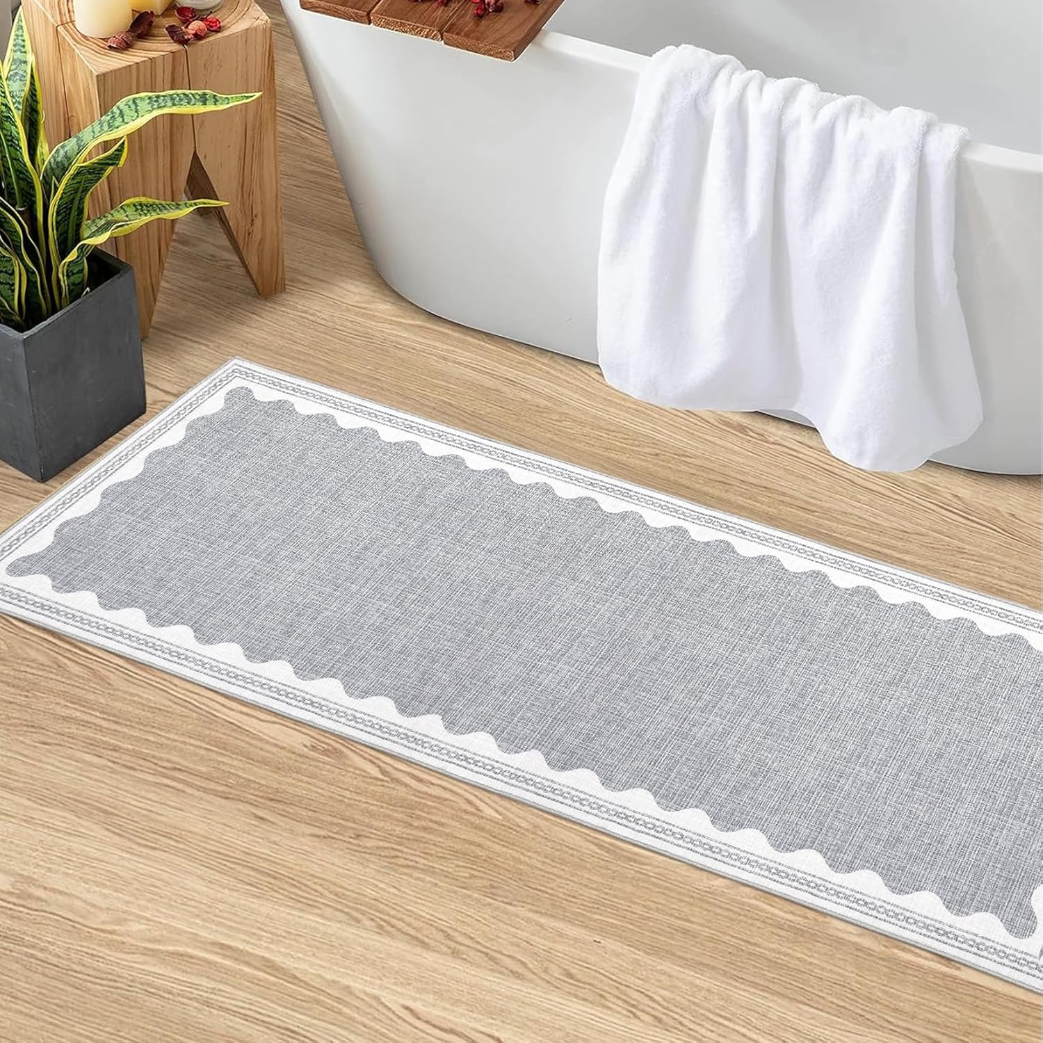 Scalloped Rug 2x6 Runners for Hallways, Solid Grey Runner Rugs Non Slip Scalloped Bath Runner, Washable Rug for Bedroom Girls, Mat for Kitchen Floor Soft Dorm Nursery Carpet for Bedside - Image 2