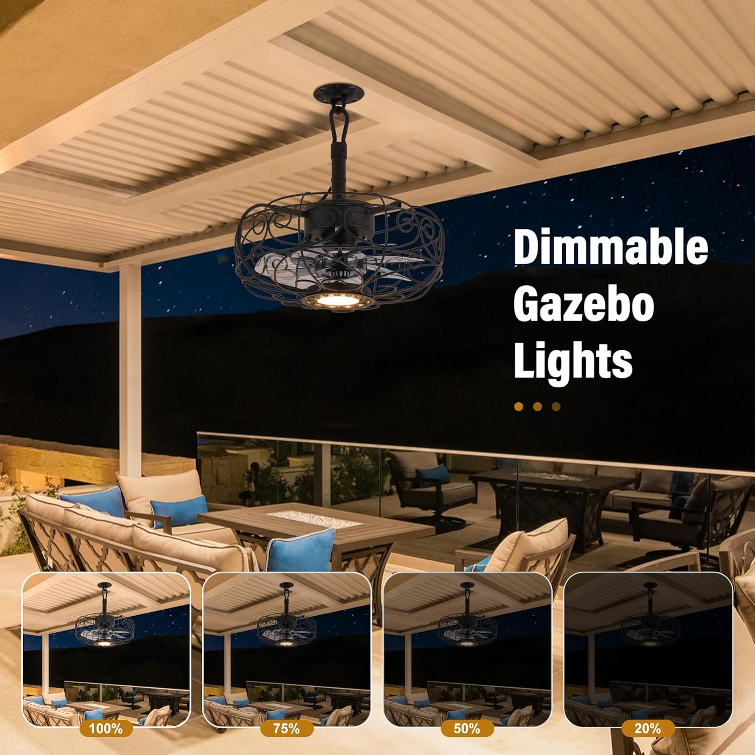 Outdoor Ceiling Fan with Light, 15" Plug in Gazebo Fans with Lights,APP/Remote,3 CCT,6 Speeds,Waterproof Hanging Fandelier for Patio Porch Pergola Outside (Black)