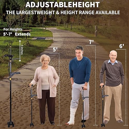 Miniatura 5 de Bastón plegable, bastón con luz y alarma, carga USB ajustable de 6 niveles, con mango en T de descompresión, adecuado para artritis y lesiones en