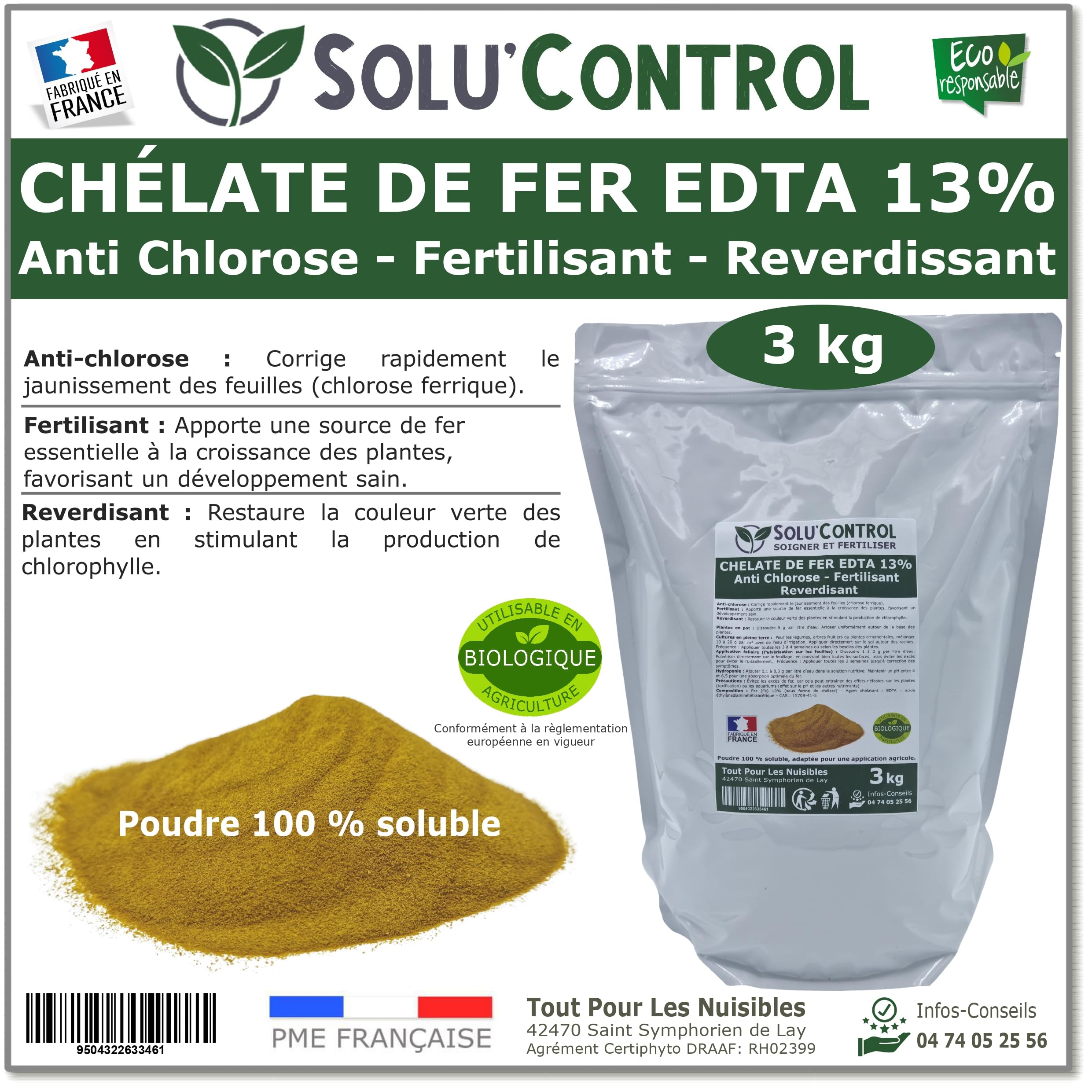 Solu'Control Chélate de Fer EDTA 13%, Anti-chlorose, Fertilisant, Reverdissant, 3 kg