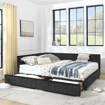 extrasleep Queen Size Daybed with Storage Drawers, Mid-Century Modern Corner Bed Frame with Velvet Upholstery, Elegant Black Wooden Daybed for Living Room or Bedroom, No Spring Boxes Needed, Black