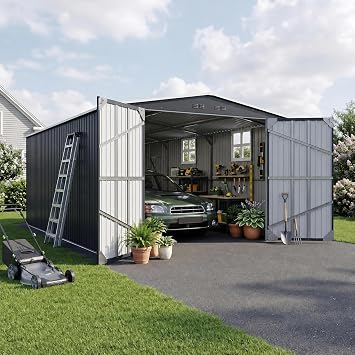 Polar Aurora 12x20 FT Outdoor Storage Shed Black | Large Garden Shed, 2 Windows & Lockable Doors, Garage Car Shelter with Side Door & Air Vents, For Backyard Garden Patio Lawn