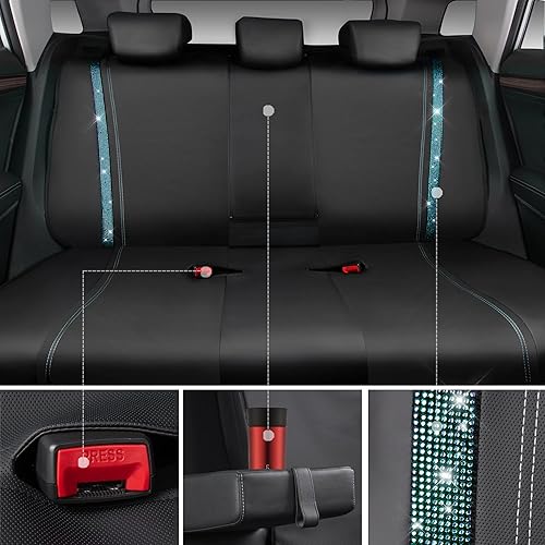 Miniatura 269 de CAR PASS Funda de asiento trasero de cuero y diamantes de imitación brillantes, impermeable, diseño de diamante brillante, ajuste universal, tiras