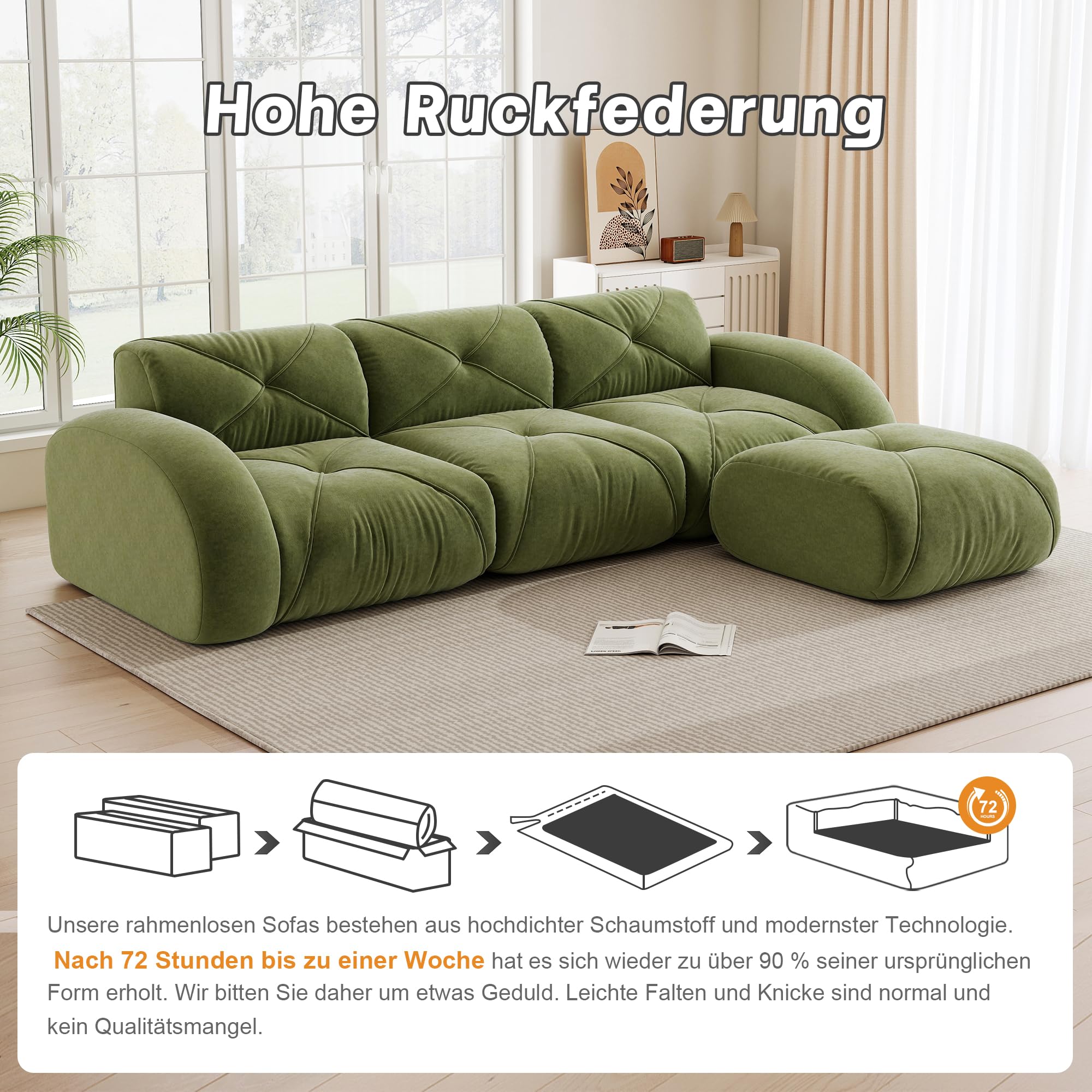 L-Sofa 3-Sitzer mit Fußhocker, Chenille, 32D-Schaum, Grün