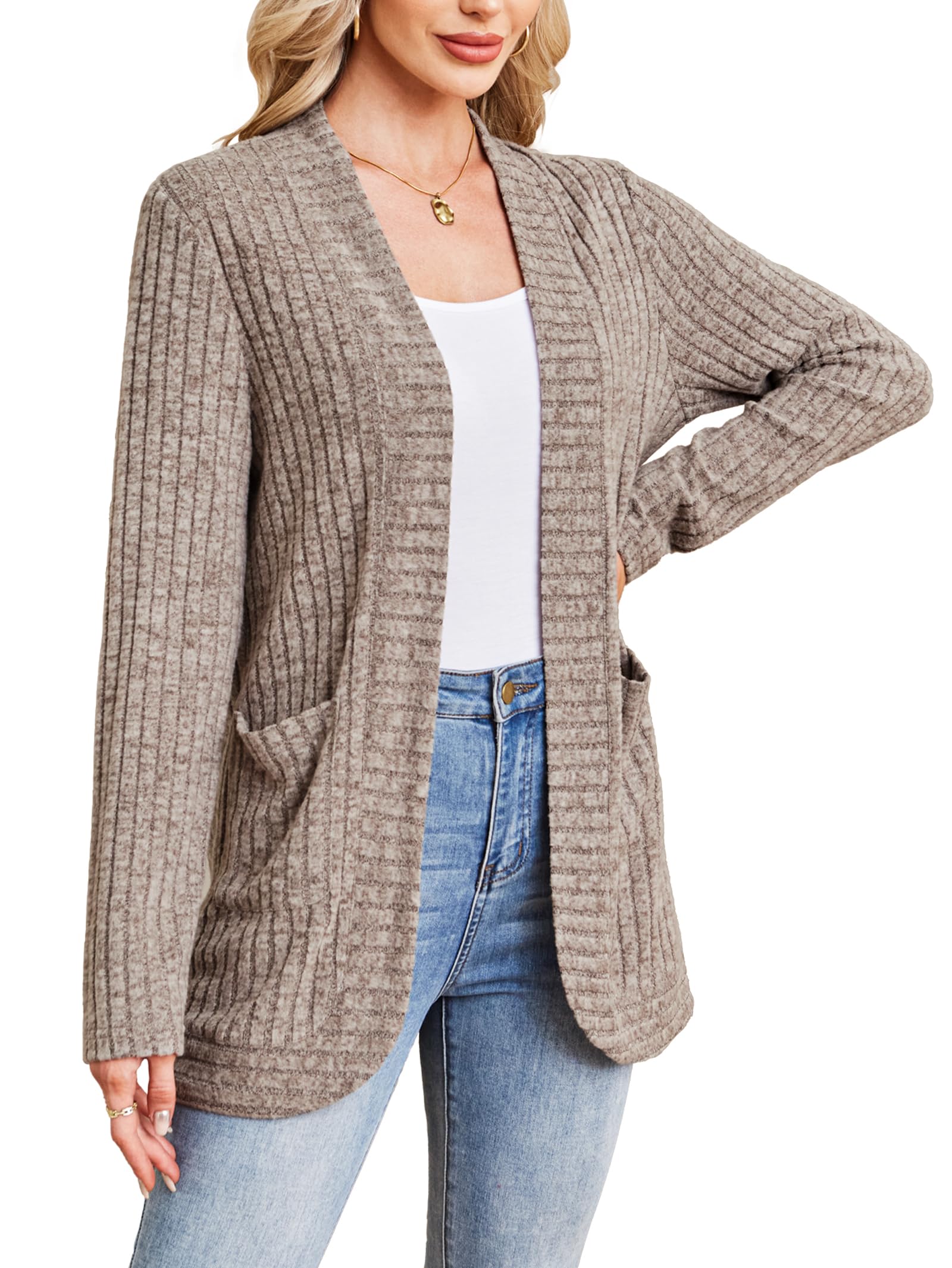 besshopie Women's Lightweight Cardigan Sweaters Open Front Long Sleeve Ribbed Knit Casual Cardigans with Pockets-picture-24