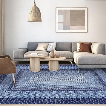 WESTLOOM Rugs for Living Room 8x10 Washable Rug Modern Braided Printed Rugs Large Bedroom Rug Boho Country Farmhouse Rug Non Slip Low Pile Indoor Nursery Home Office Floor Cover Accent Rug Navy