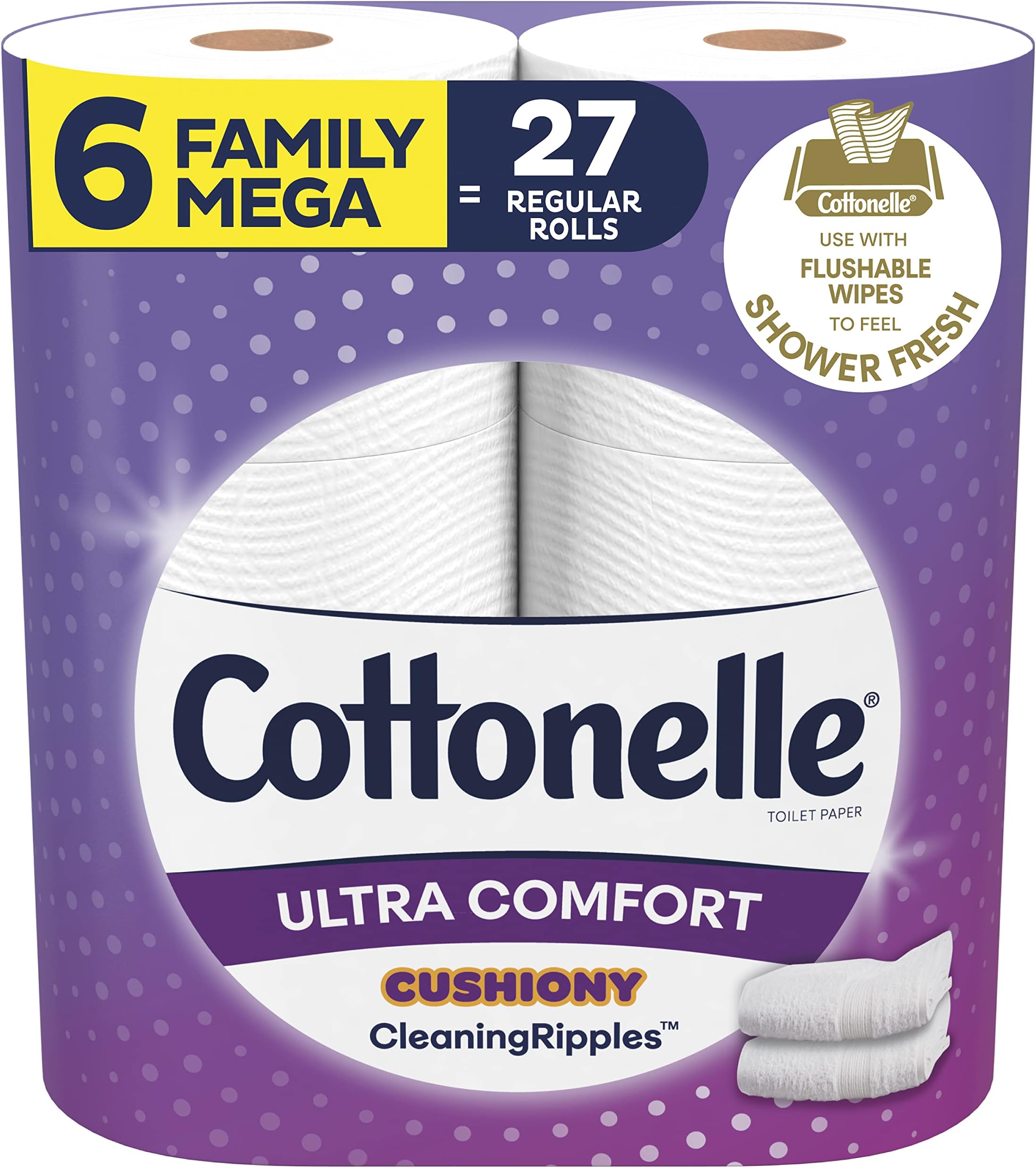 Ultra Toilet Paper, 6 Mega Family Rolls, Cushiony Cleaning Ripples, 325 Sheets Per Roll