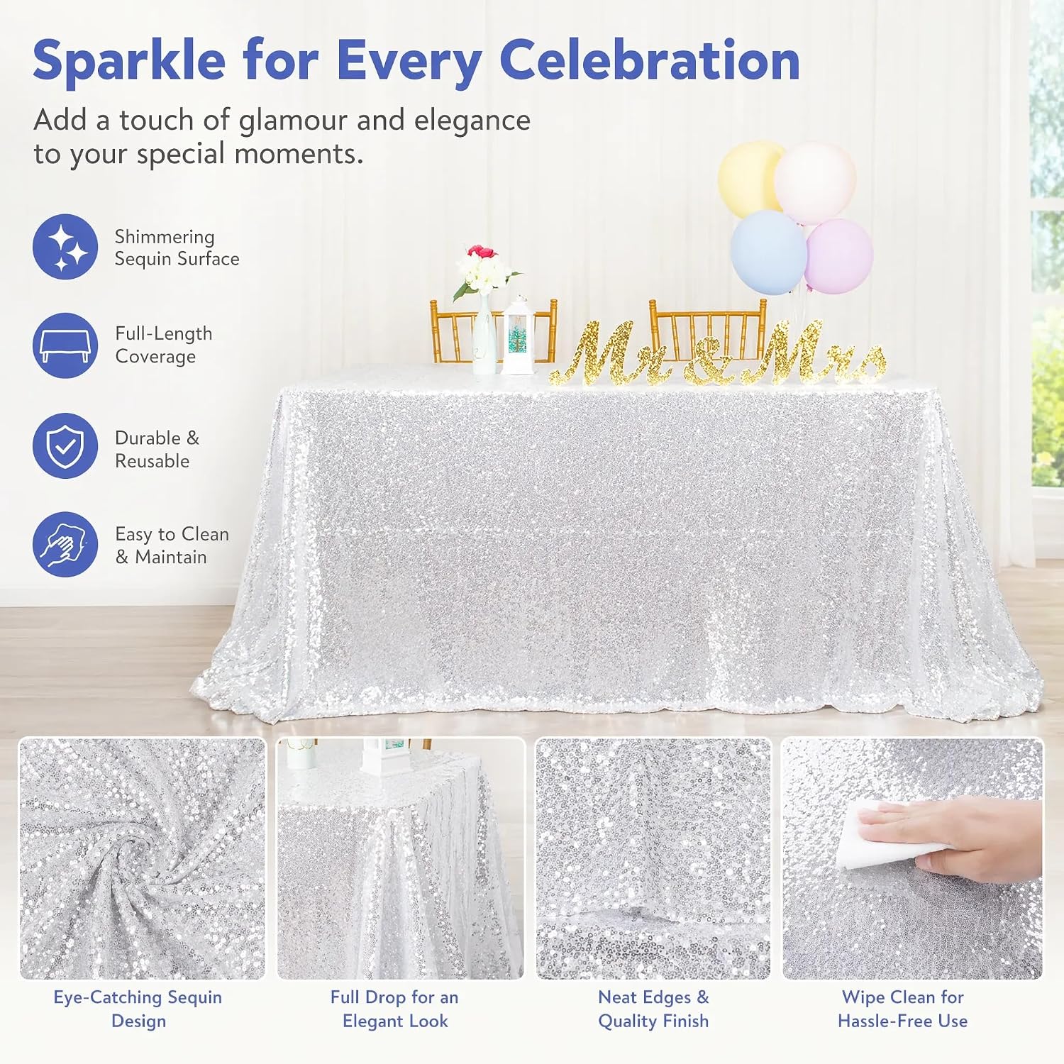 Condition photo showing As Is for shidianyi silver sequin tablecloth 60x102 inch rectangular, for wedding | no shedding sequins, high density mesh backing design for 6ft tables, silver glitter linens for dessert cake table decor 102" x 60" (rectangular) silver