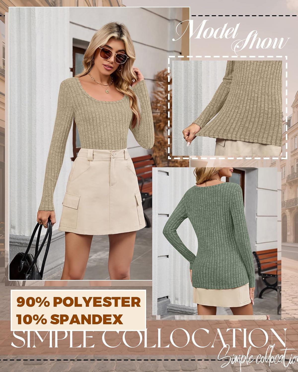 3 Pack Women's Long Sleeve Tops, Scoop Neck Ribbed Knit Shirt Slim Fit Pullover Sweater Casual Basic Thermal Shirt - Image 5