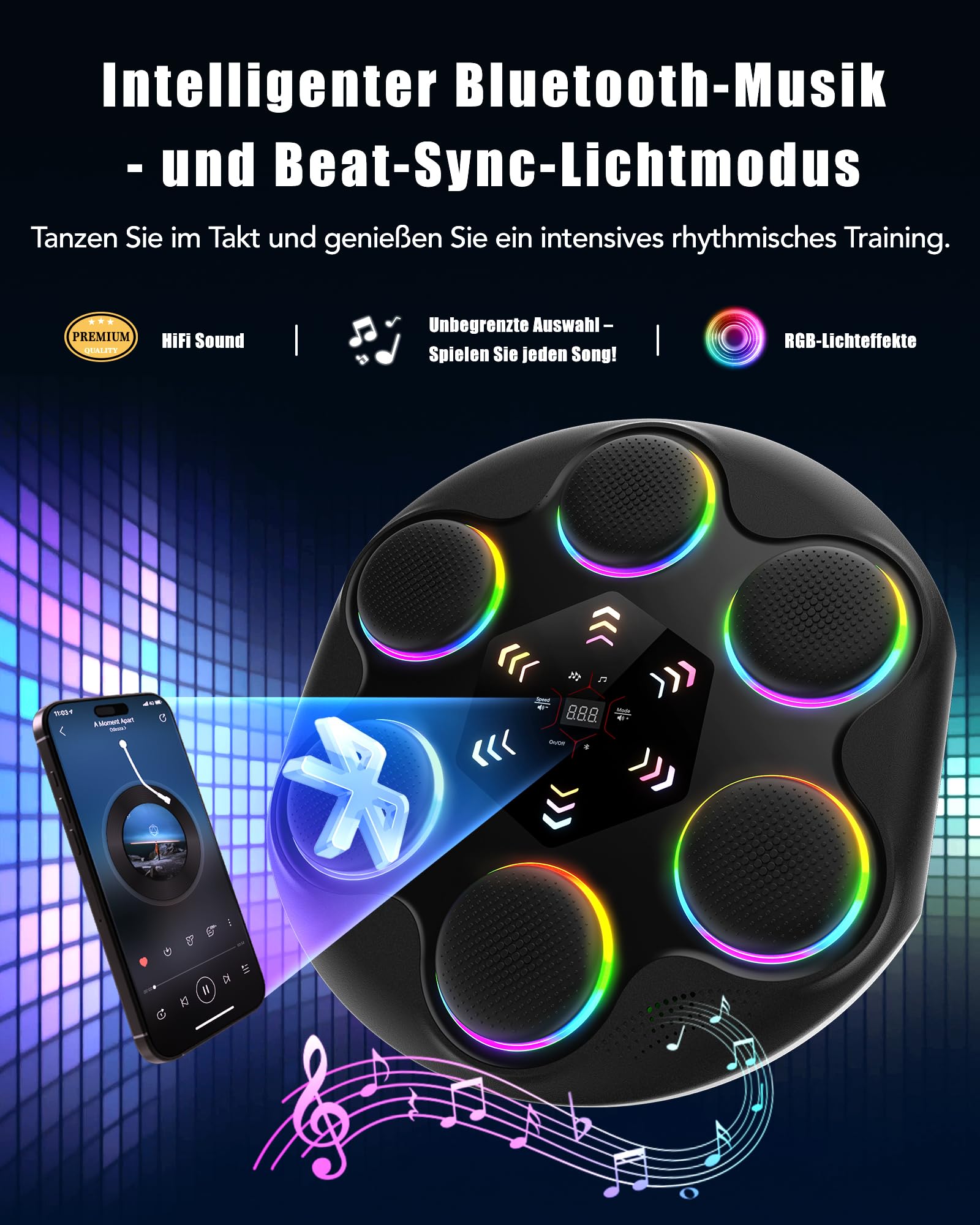 ALongSong Music Boxing Machine, Smart Bluetooth Boxmaschine mit Musik für Erwachsene Kinder, Rhythmus-Synchronisiert mit Großem Bildschirm/RGB-Beleuchtung Inklusive Boxhandschuhe, Fitness-Spaß Zuhause