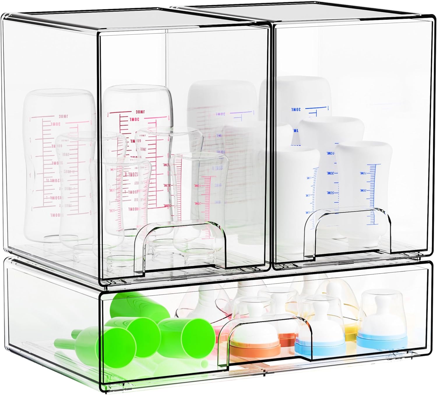 Yieach 3 Set Clear Baby Bottle Organizer for Countertop,BPA FREE Bottle Station Organizer for Breast Pump Parts,Pacifier and Baby Accessories,Stackable Drawers for Bathroom,Cabinet,Pantry Organization