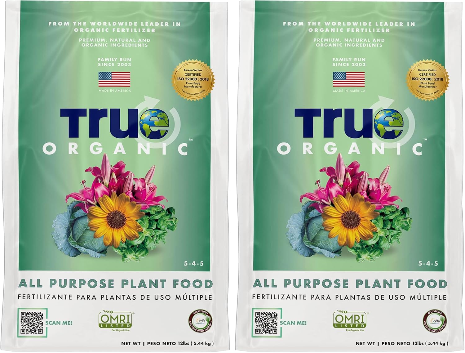 True Organic All Purpose Plant Food Granular Fertilizer 12 lbs - CDFA, OMRI Listed for Organic Gardening NPK 5-4-5 (Pack of 2)