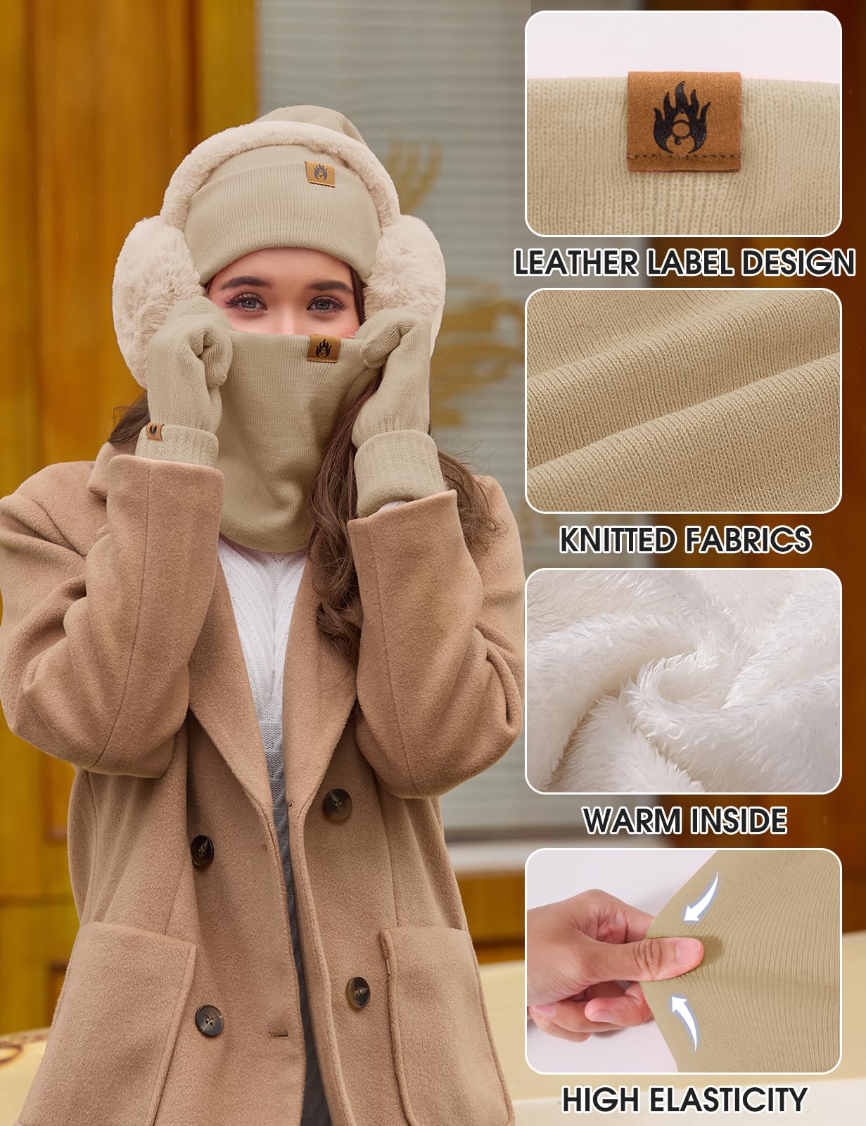UMIPUBO Gorro Bufanda y Guantes Set 5PCS Mujer Invierno Gorro Conjunto Sombreros Bufandas Cálida Caliente Pantalla táctil Guantes Orejeras de Felpa Calcetines Térmicos 5 Piezas Set
