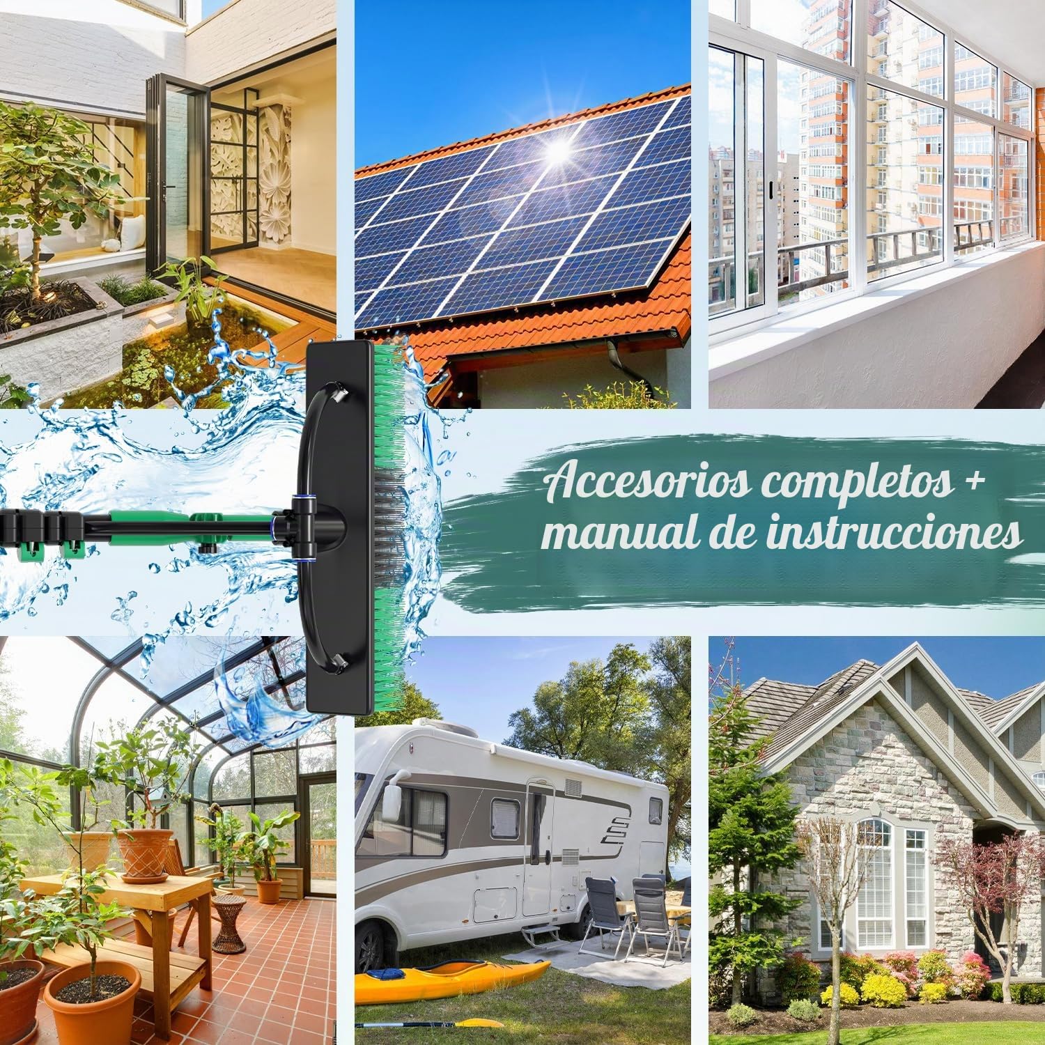 Limpiador de ventanas telescópico, 3,6 m, juego profesional de cepillo de lavado, pulverizador con depósito de espuma, extractor y 10 accesorios