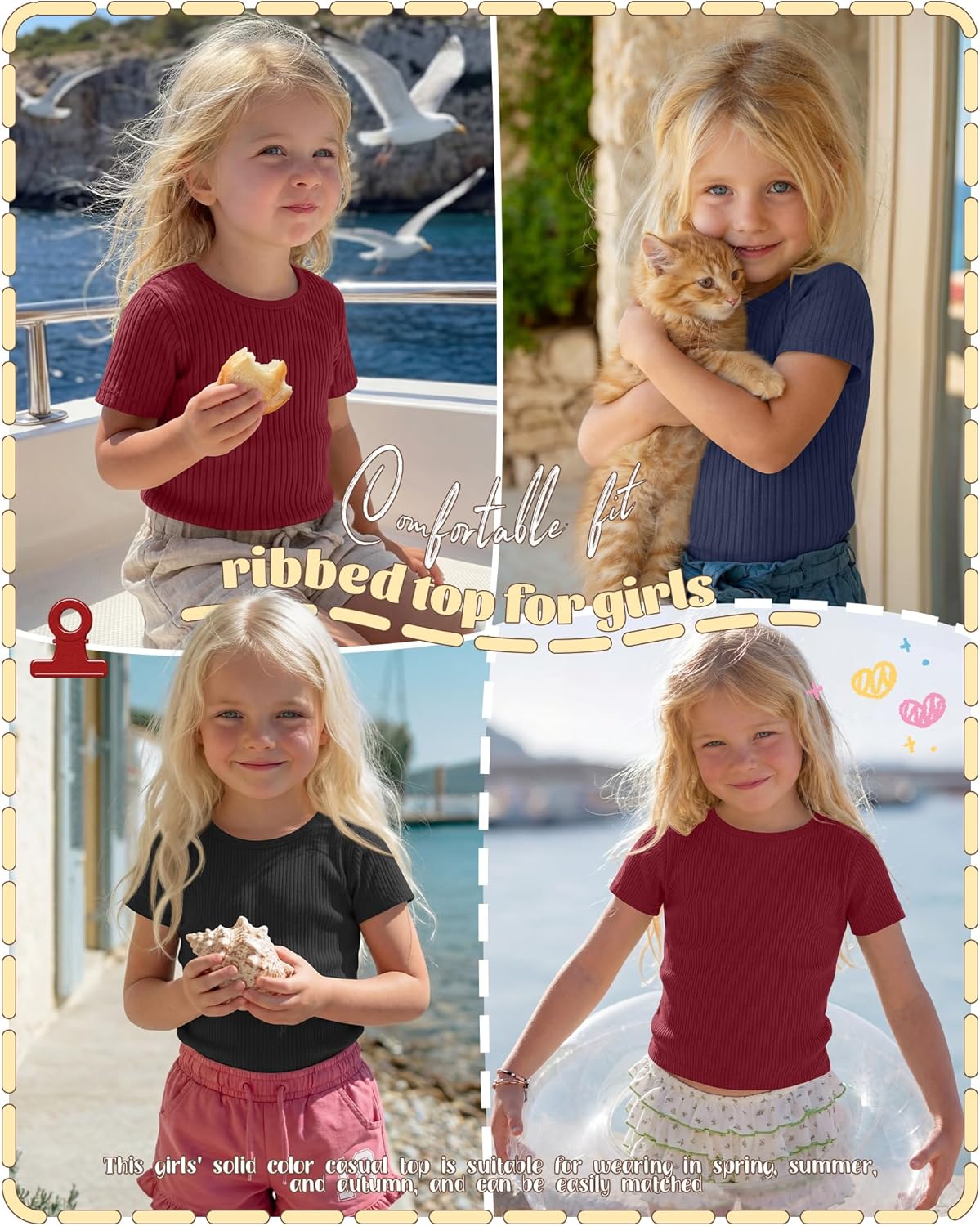 3 Pack Toddler Girls' Ribbed Shirts Short Sleeve Crew Neck T Shirts Knit Slim Fit Soft Solid Base Layer Tee 18M-5T