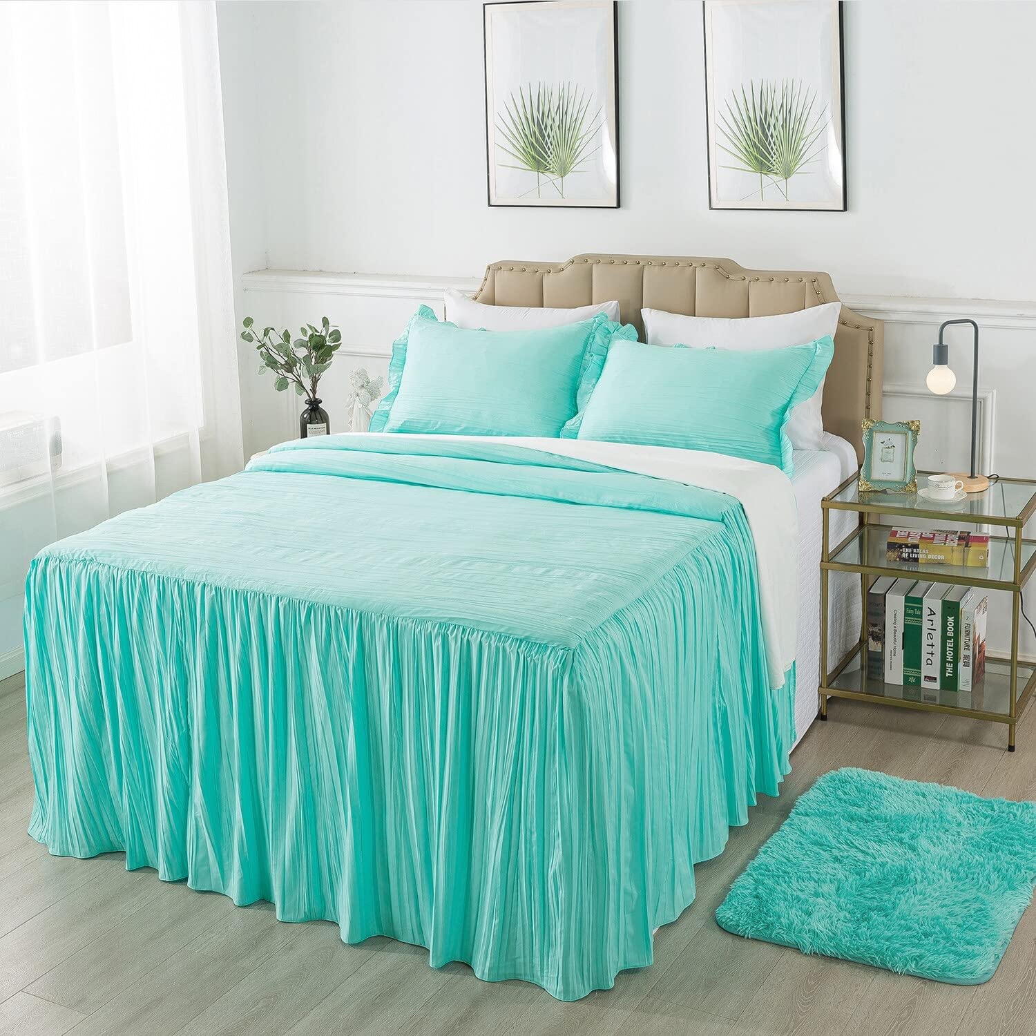 Juego de falda de cama King para dormitorios de estilo rústico aguamarina
