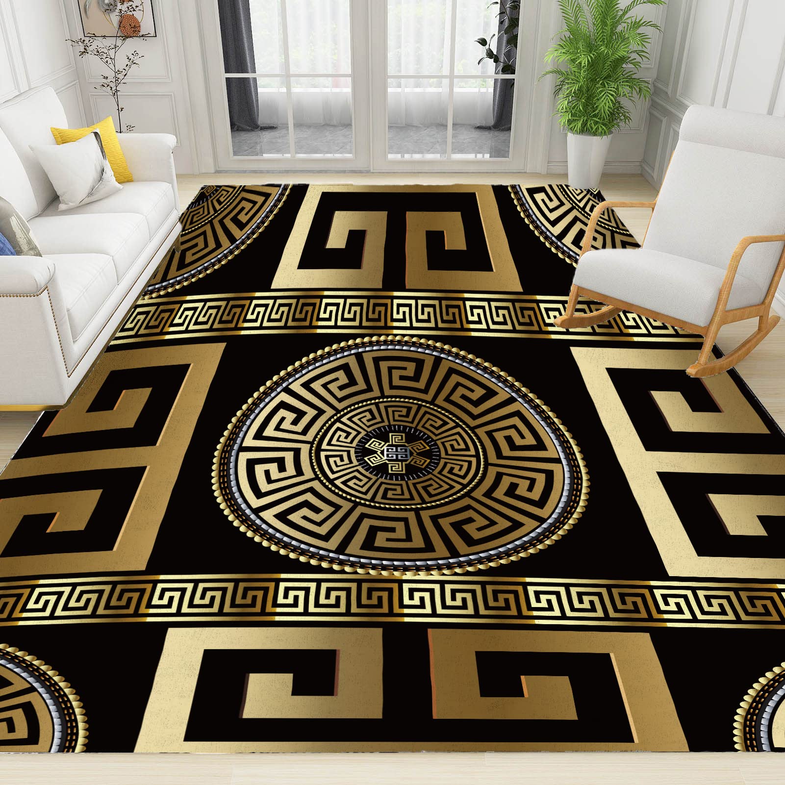 RAKUTE Retro Black Gold Greek Key Meander Area Rugs, 3D Geometric Gold Print Living Room Decor Rug, Soft Machine Washable for Hotel Home Decor Doormat