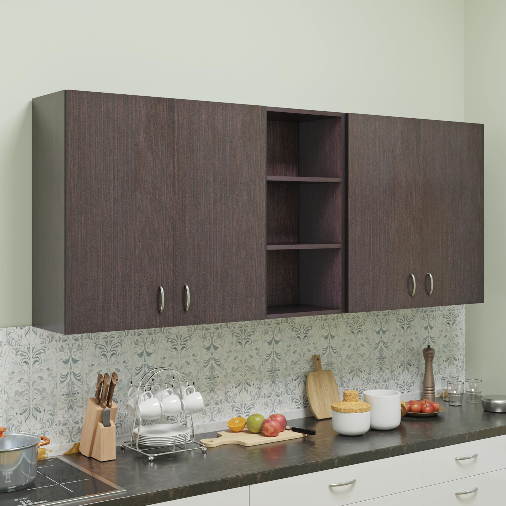 VIKI Furniture |Pivot Modular Kitchen Wall Cabinet – 4 Door Cabinet with Open Shelf | Space Saving Rack for Spices | DIY Home Storage Cupboard(Dark Wenge – 30D x 200W x 80H cm) | 1 Year Warranty-image-32