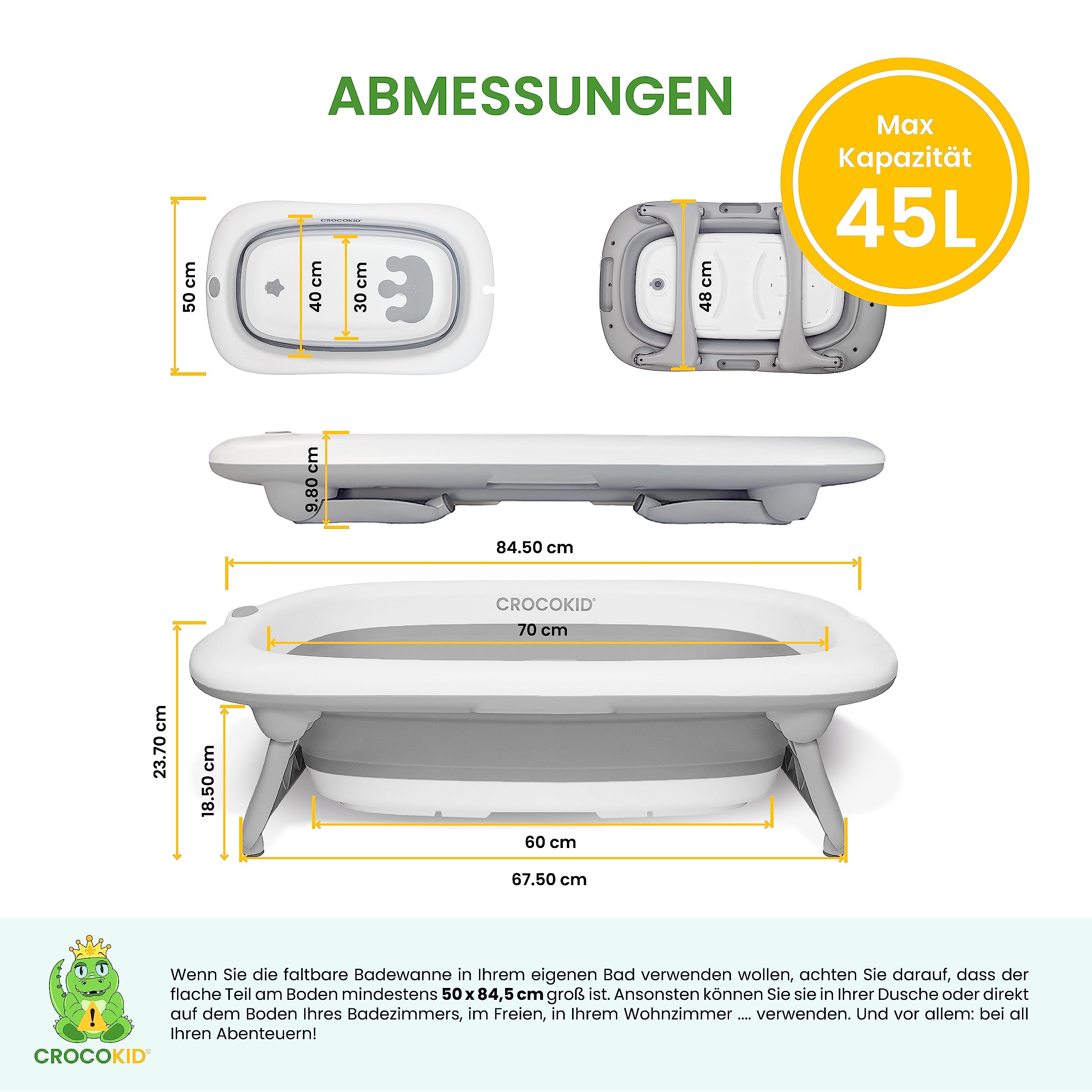 Große Faltbare Babybadewanne - Premiumqualität - Kinder 0 bis 4 Jahren - Badeset: Thermometer/Badekissen/Kniematte - Rutschfeste Füße, Sicherheitsverriegelung - Maße 51x85cm (Badewanne+Set)
