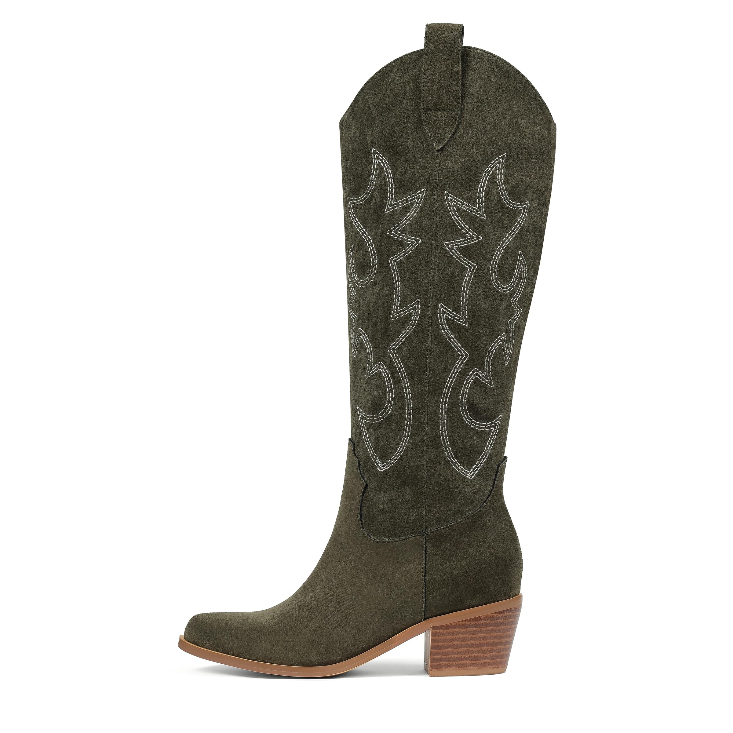 MeiLuSi Cowboy Boots for Women Knee High Cowgirl Boots Pointed Toe Chunky Heel Cowboy Suede Shoes with Embroidered