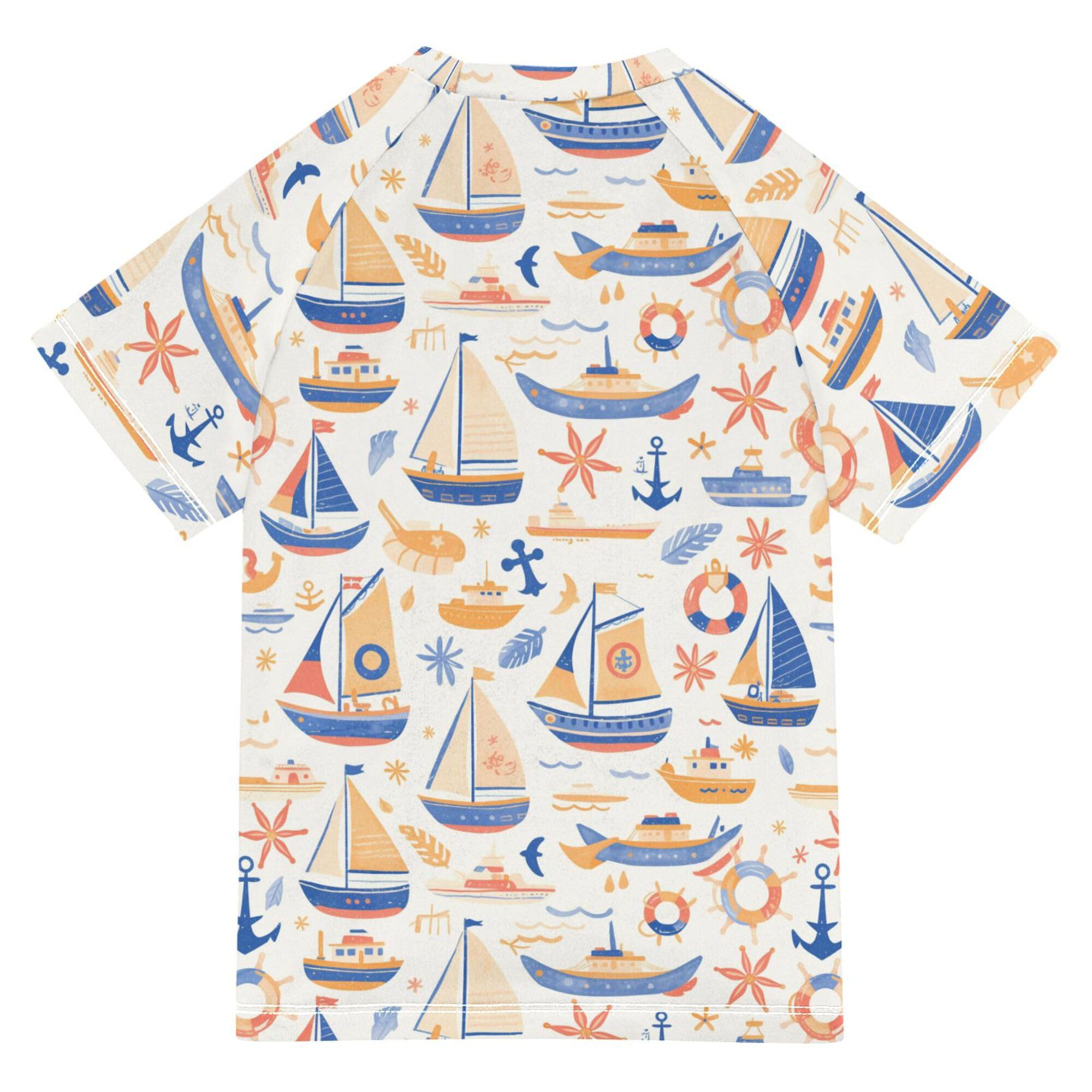 Wudan Blue Boats Anchors Kids Bathing Suits Girls Short Sleeves Girl Rash Guard Swimwears Sports Shirts for Youth Boys 11-12Y