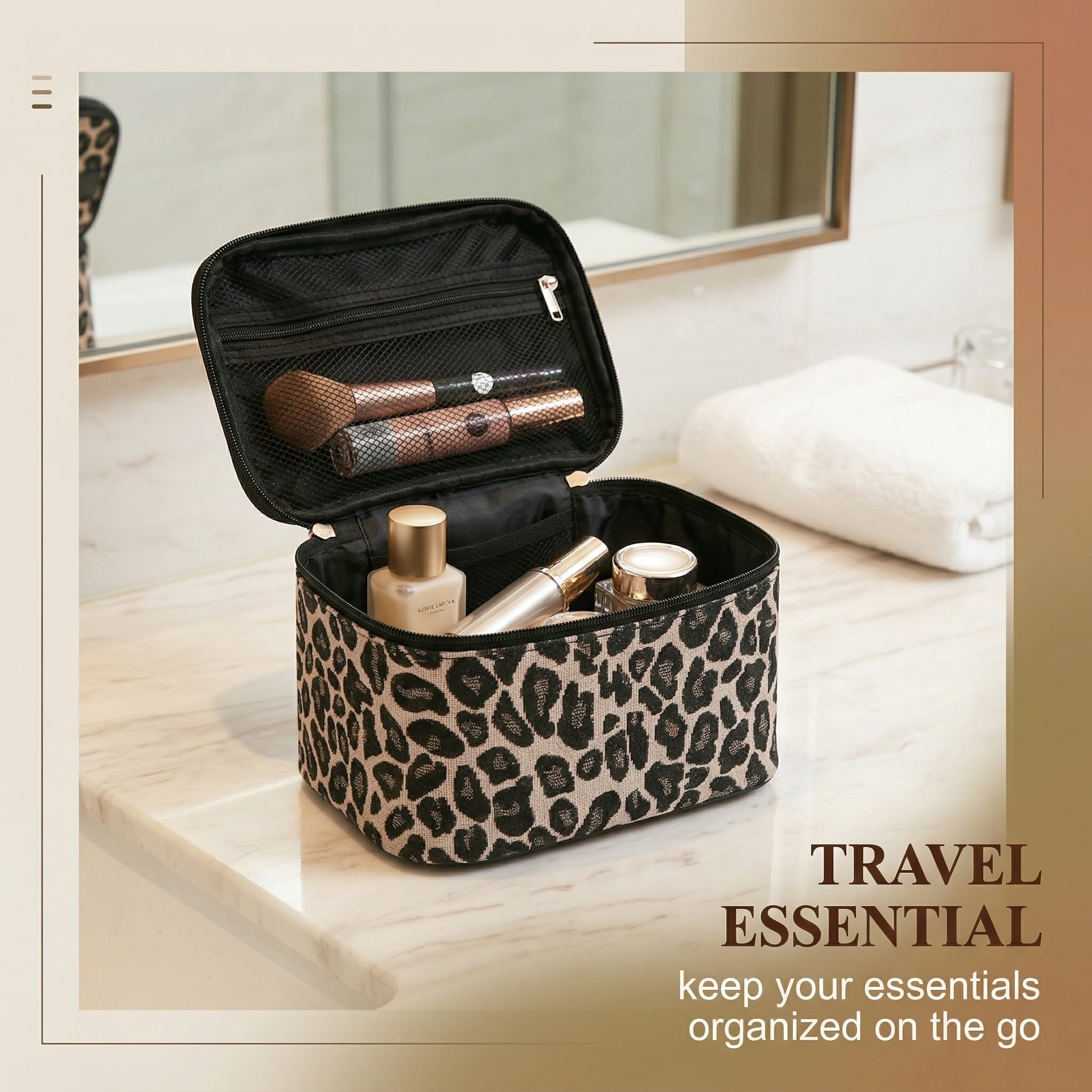 Beauty Case Donna Leopard Organizer Viaggio Waterproof Beauty Case Portatrucchi Polyester con Maniglia per Viaggio Nero