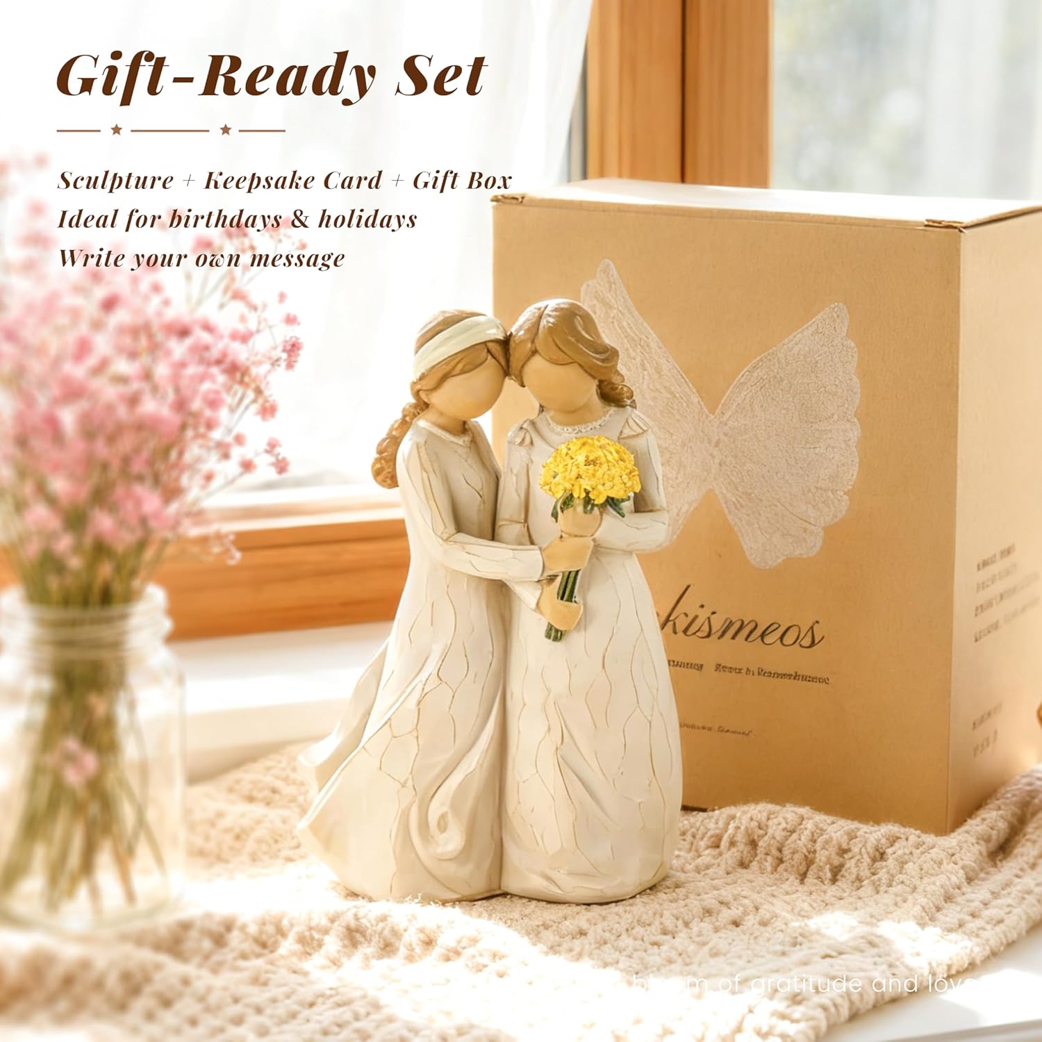 Sister Figurine Holding Flowers, Two Sisters Resin Statue for Display or Gifting - Image 4