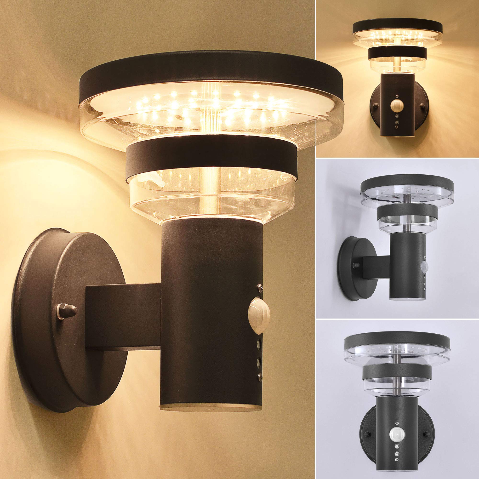 Maxkomfort LED Außenwandleuchte 313A1 Anthrazit mit Bewegungsmelder – Edelstahl Wandlampe 9W, 3000K warmweiß, IP44, 530lm, 230V, Sensor mit Zeit- & Dämmerungseinstellung