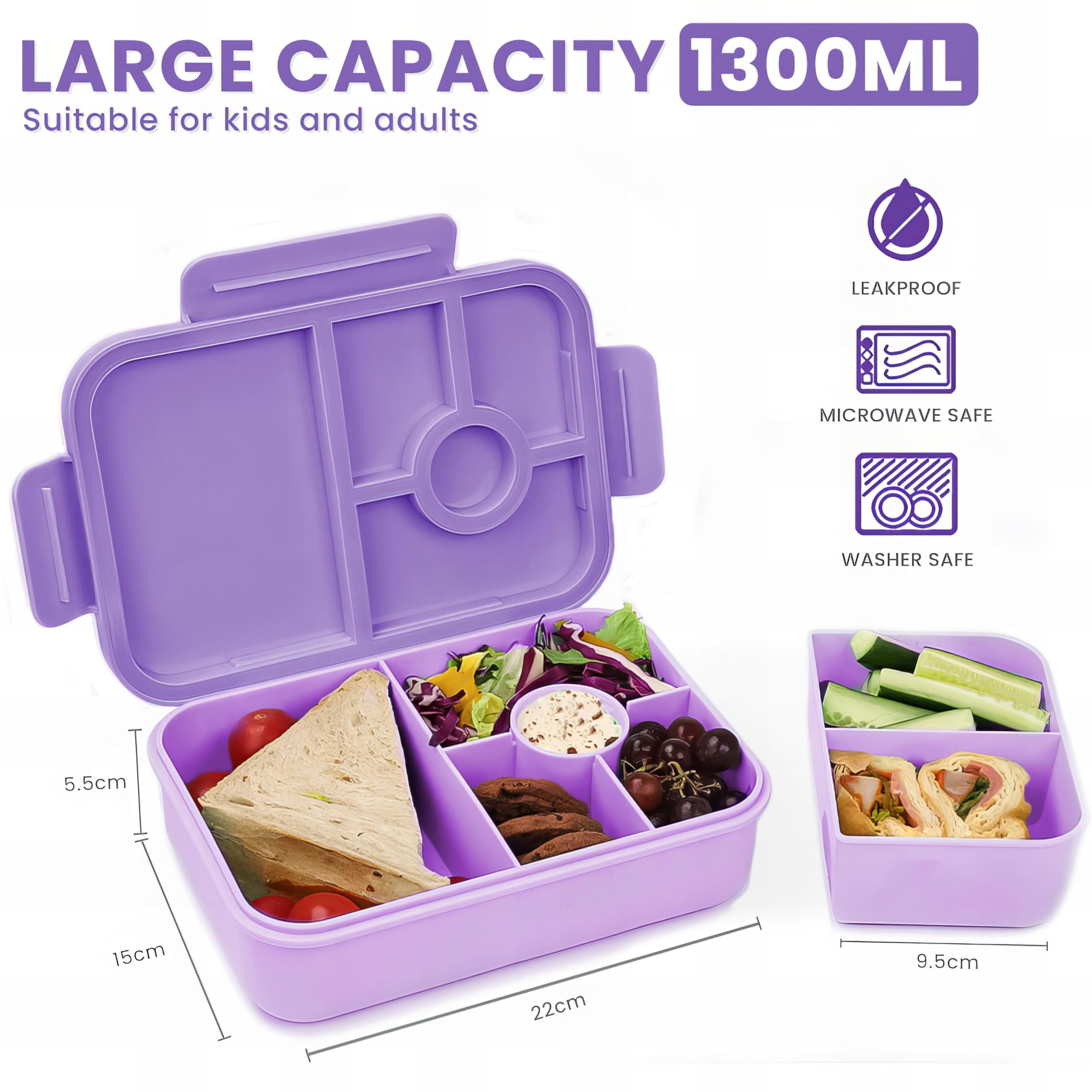 Bugucat Bento Lunch Box, 1300ML with 4 Compartments, Cutlery, Leak-Proof for Kids & Adults, Purple, 1PCS - Image 2