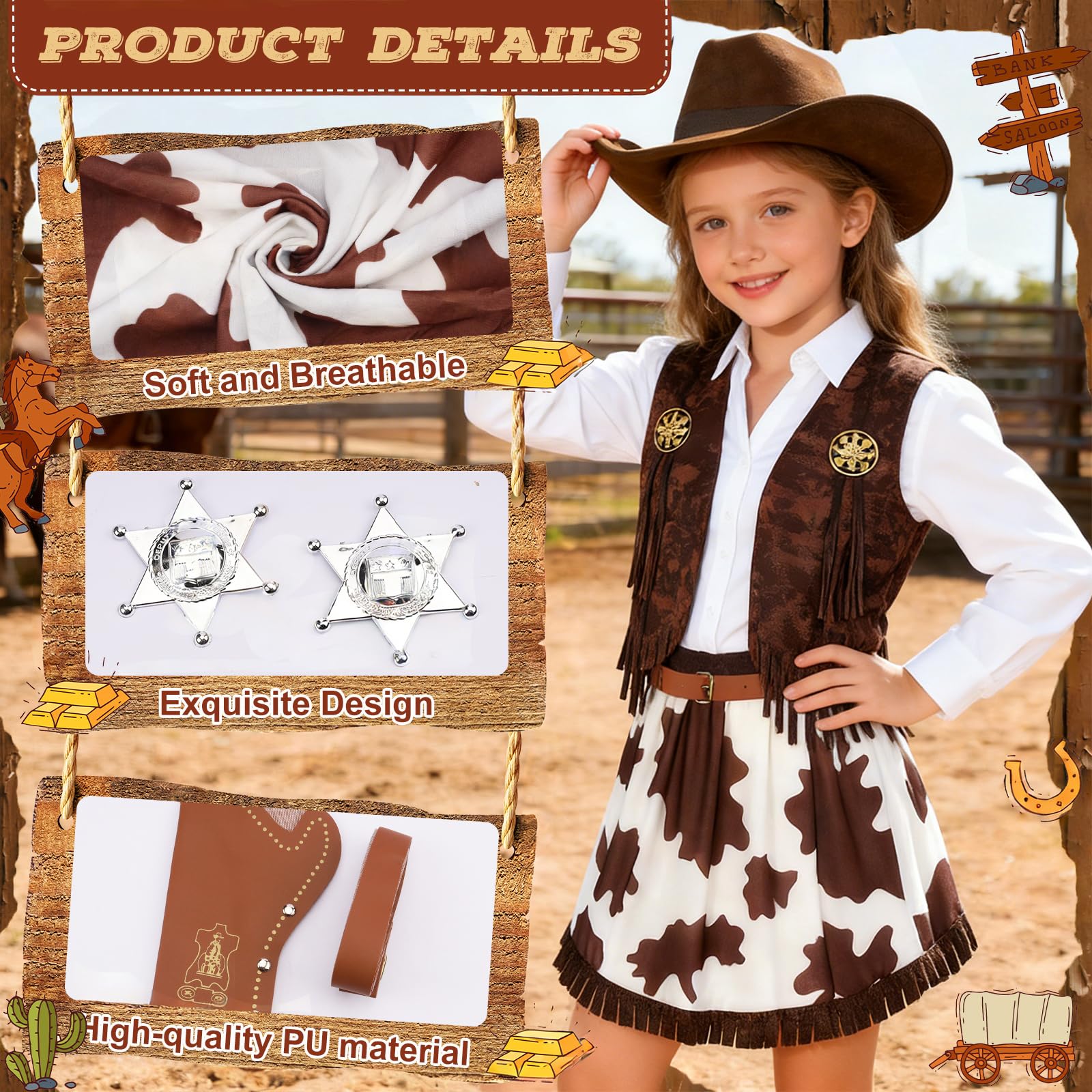 Wynlora Cowgirls Costume Western Cowboy Fancy Dress Up with Waistcoat Skirt Hat Paisley Bandanna Holster Belt Sheriff Badge Sunglasses Wild West Cowgirls Outfit Kit for Cosplay(L) - Image 4