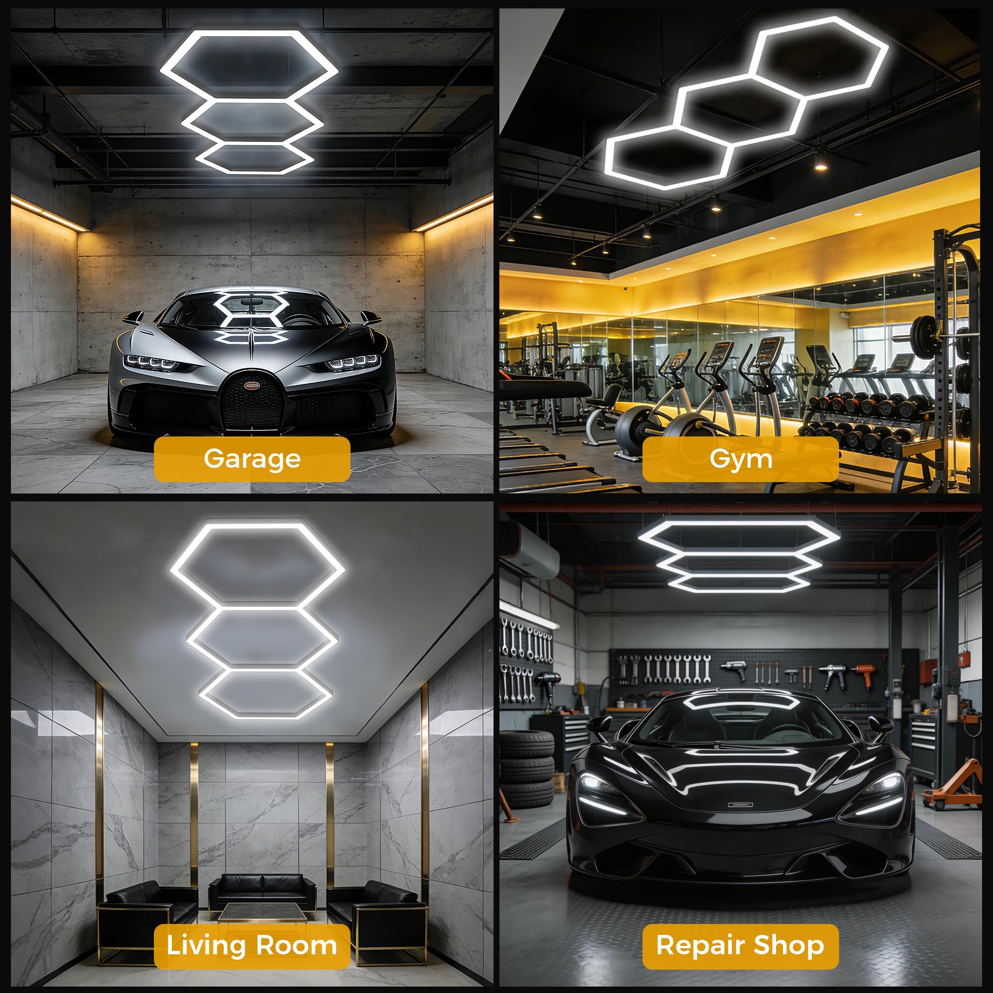 Plafonnier LED hexagonal pour garage, 3 grilles, 6500 K, super lumineux, montage facile, hexagonal durable pour garages, gymnases, entrepôts, maisons privées